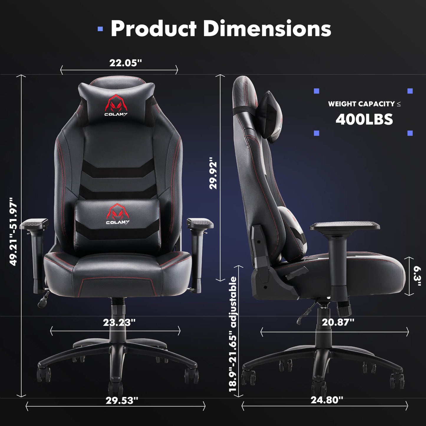 Dimension of a black heavy duty gaming chair sold by WorkZen Interiors