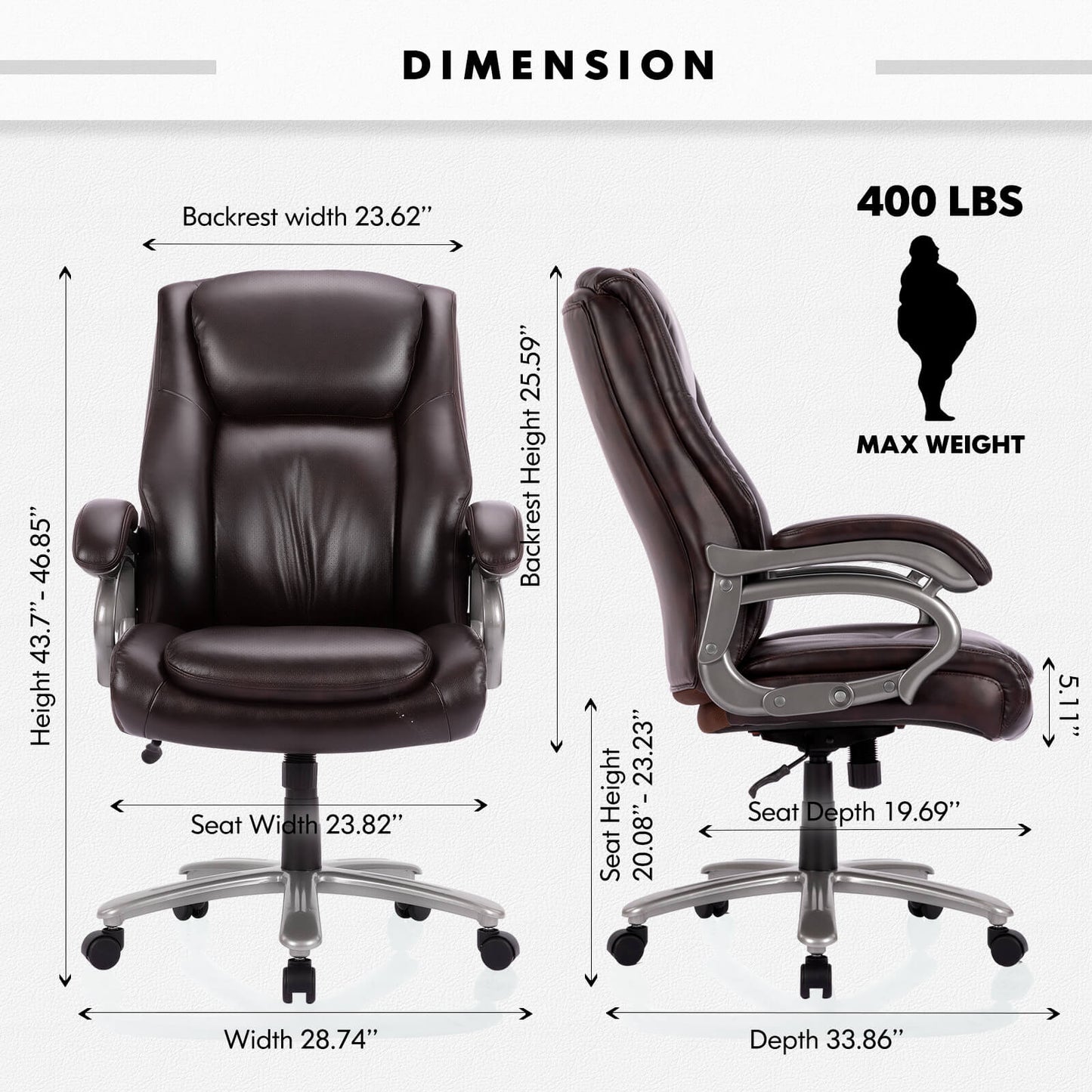 The dimension of a high back office chair sold by WorkZen Interiors as well as the weight limit of people who can sit on it