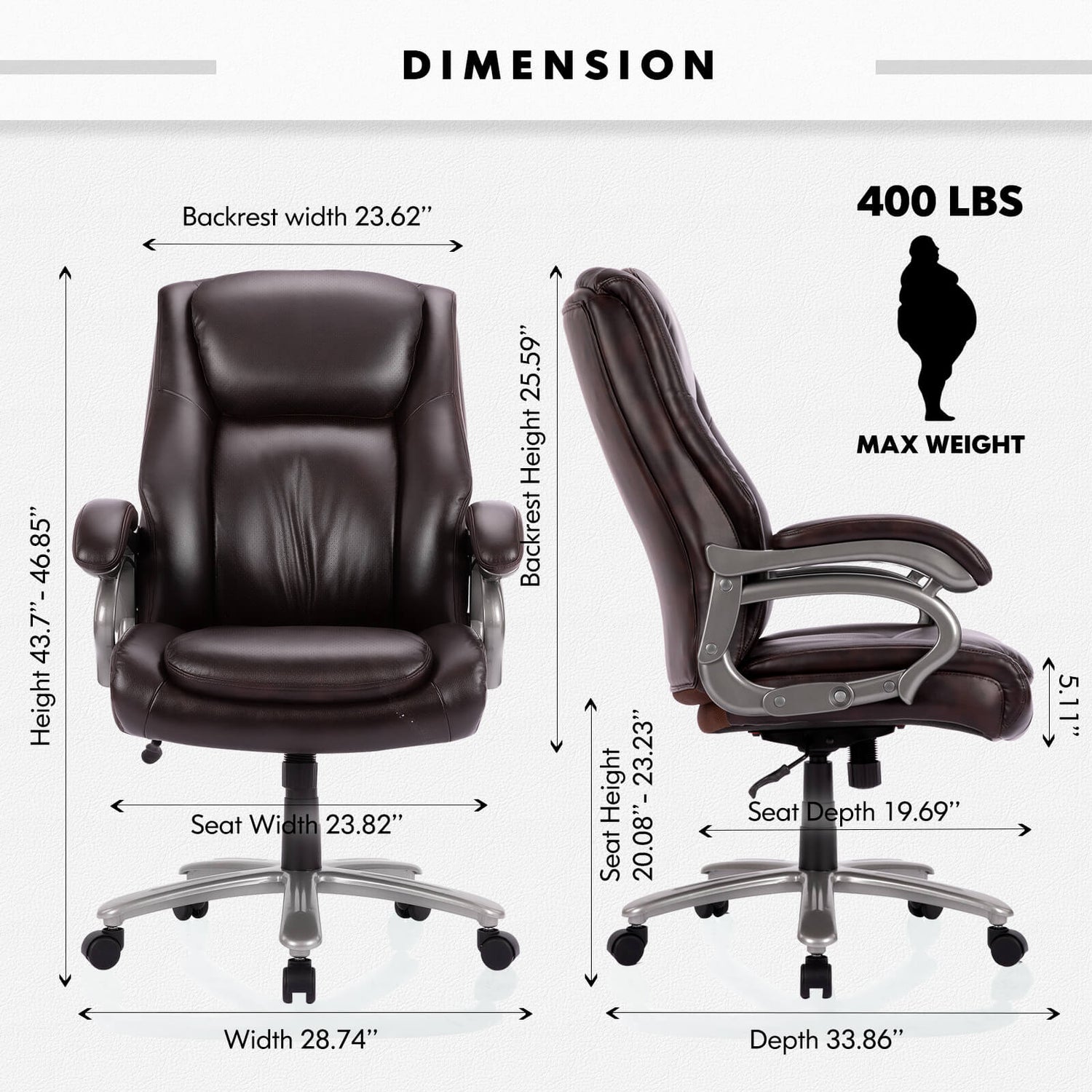The dimension of a high back office chair sold by WorkZen Interiors as well as the weight limit of people who can sit on it
