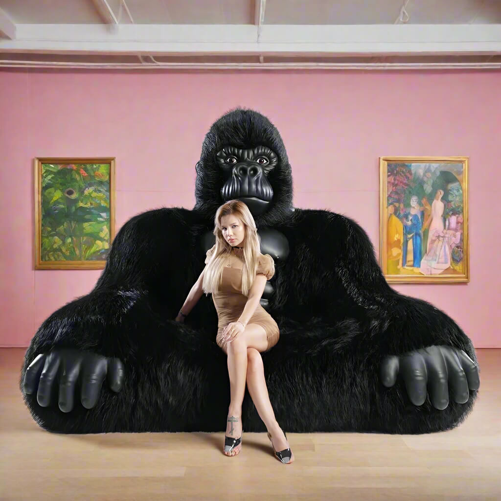A black inflatable gorilla sofa sold by WorkZen Interiors with a beautiful woman sitting on it.