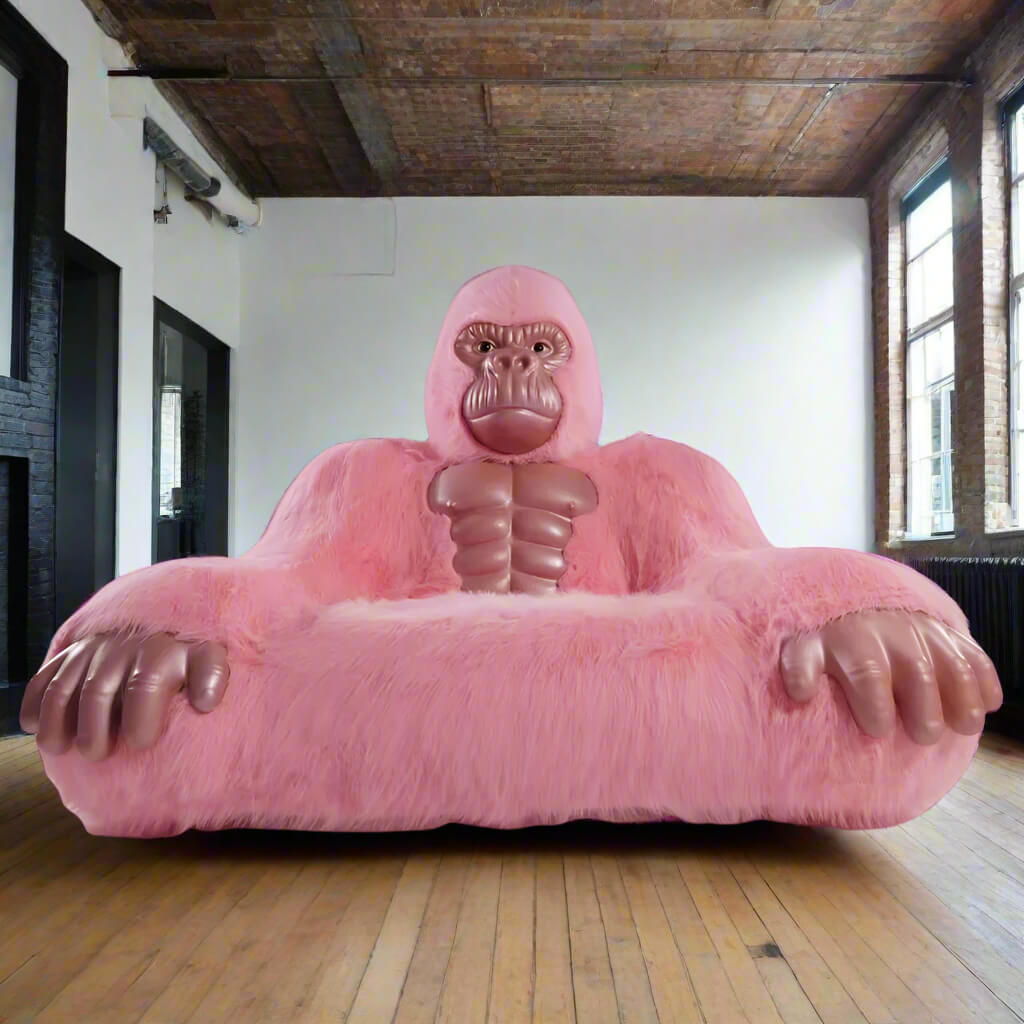 A pink inflatable gorilla sofa sold by WorkZen Interiors