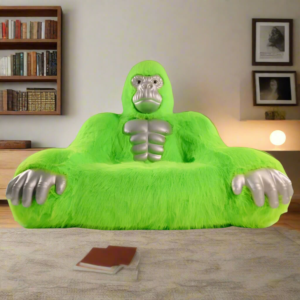 A green inflatable gorilla sofa sold by WorkZen Interiors