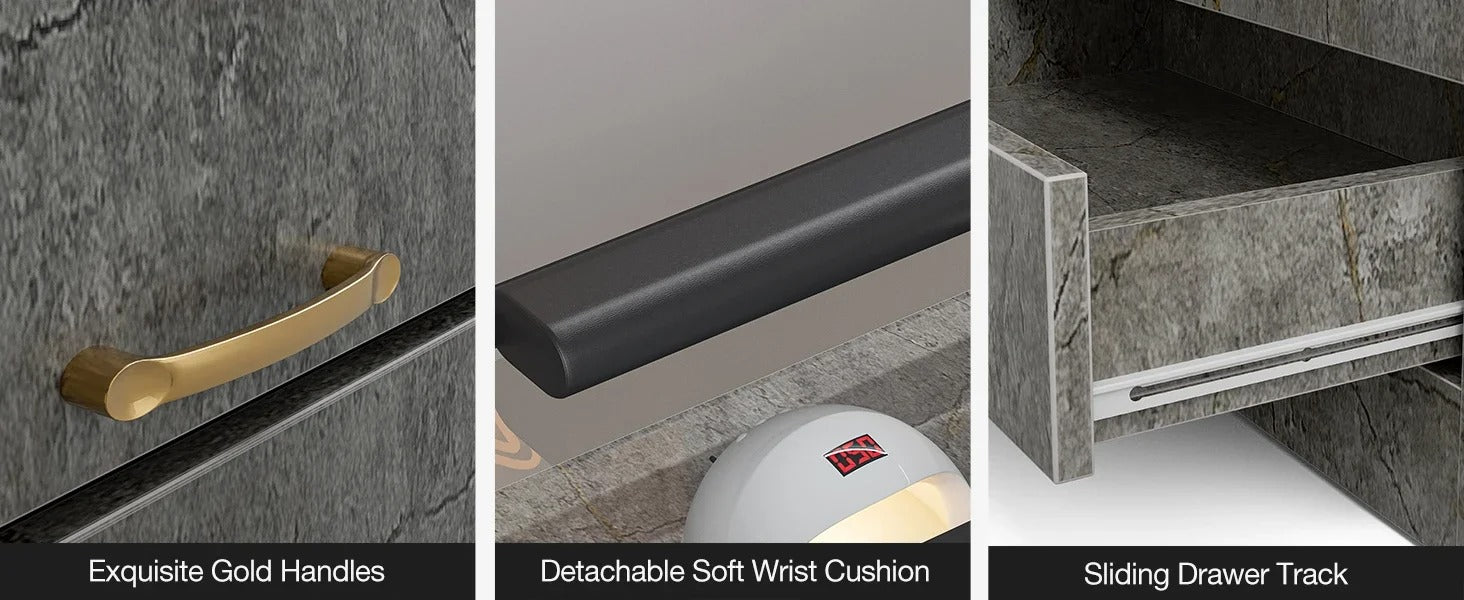 The handles and drawer of a grey marble L shaped manicure table sold by WorkZen Interiors