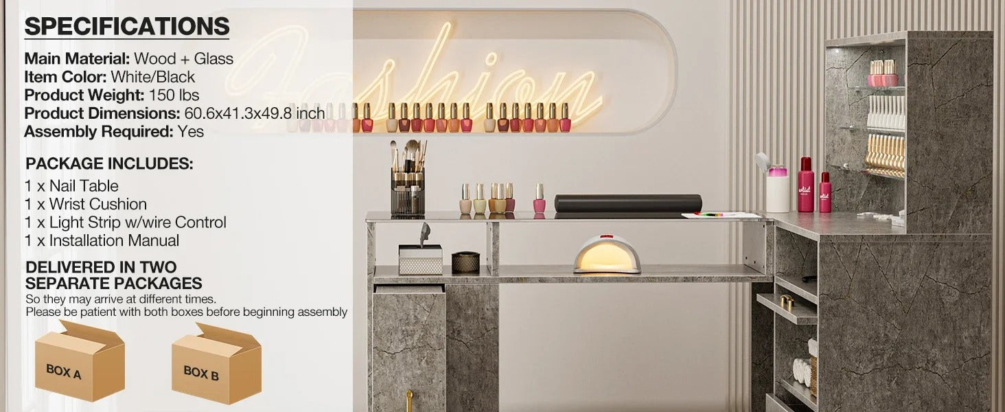 A grey marble L shaped manicure table sold by WorkZen Interiors