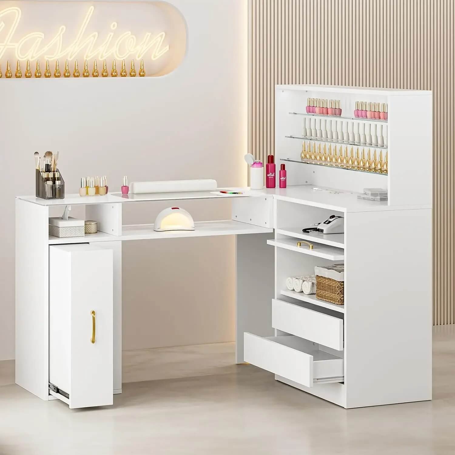 A white L shaped manicure table sold by WorkZen Interiors
