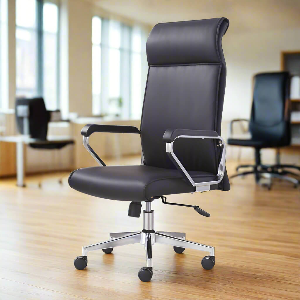 A black leather office chair sold on WorkZen Interiors