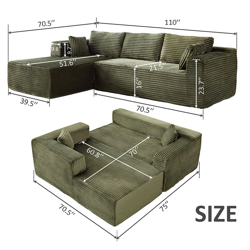 Dimensions of a A green sectional sofa sold by WorkZen Interiors