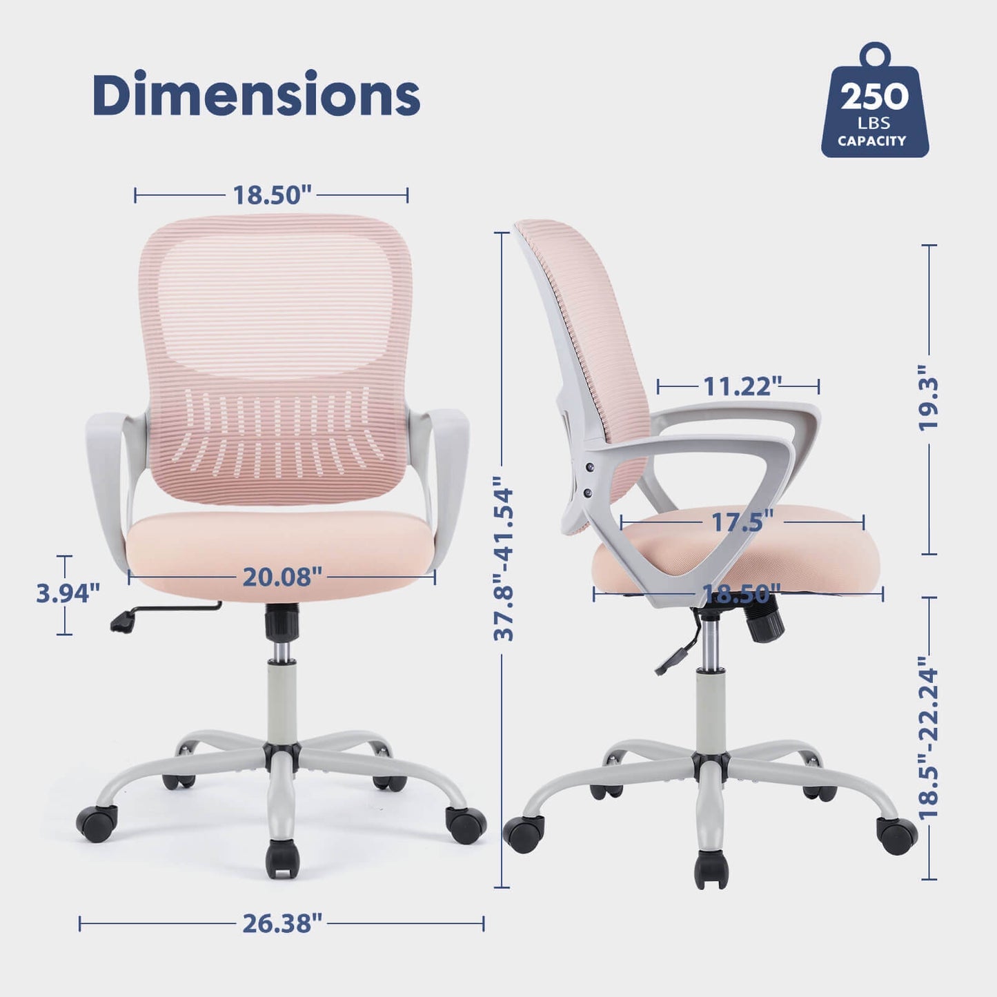 Dimensions of the pink mesh back office desk chair sold by WorkZen Interiors