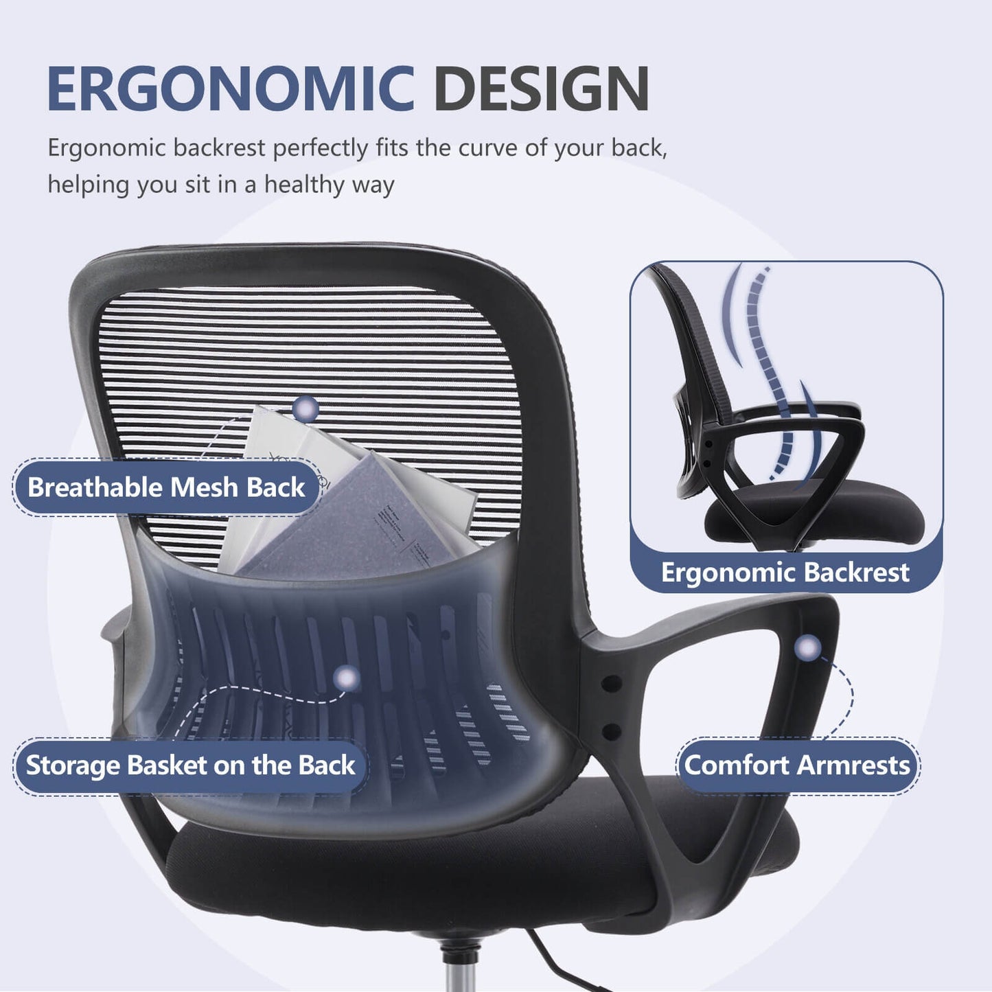 The ergonomic design of the black mesh back office desk chair sold by WorkZen Interiors