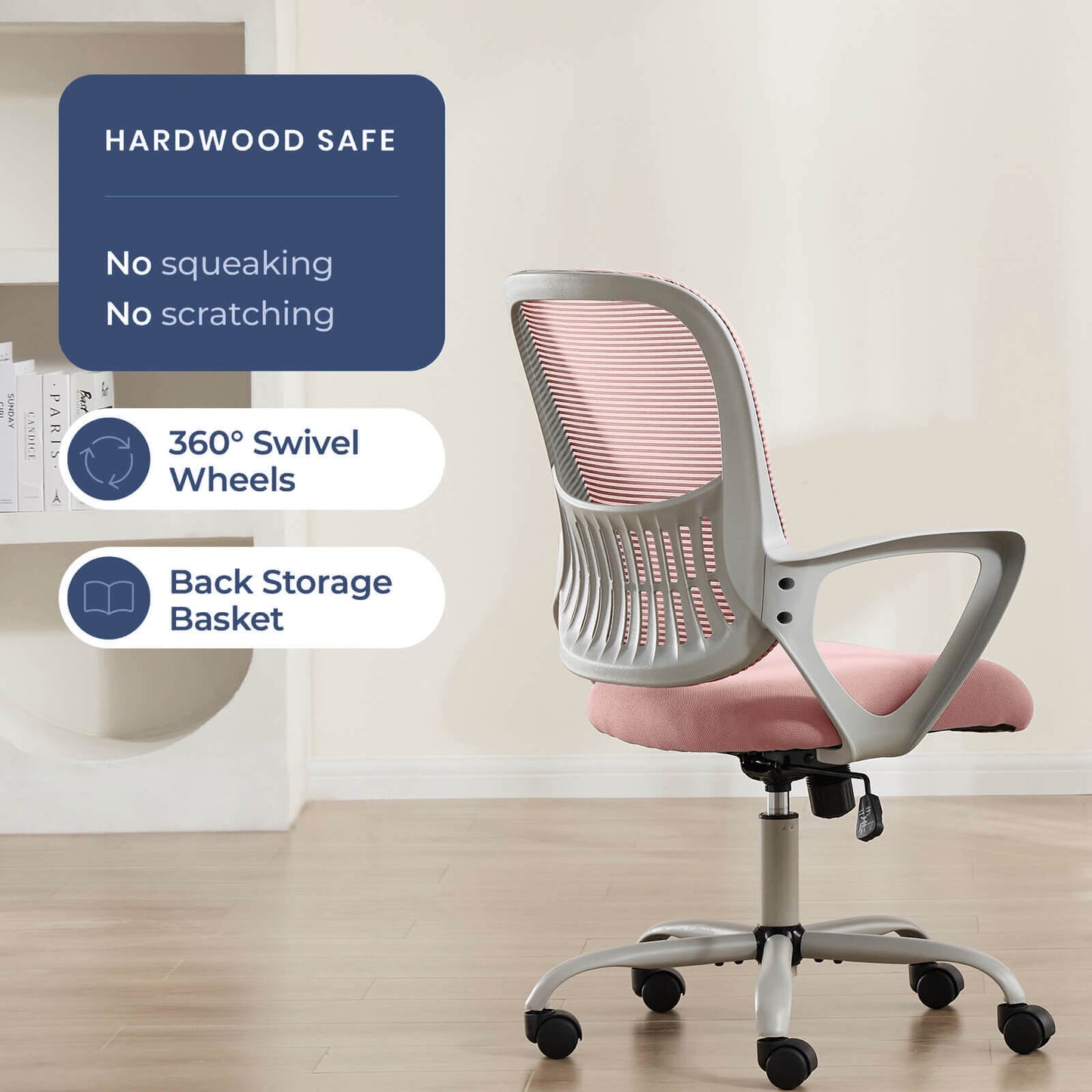 The 360 degrees and back storage basket of the pink mesh back office desk chair sold by WorkZen Interiors