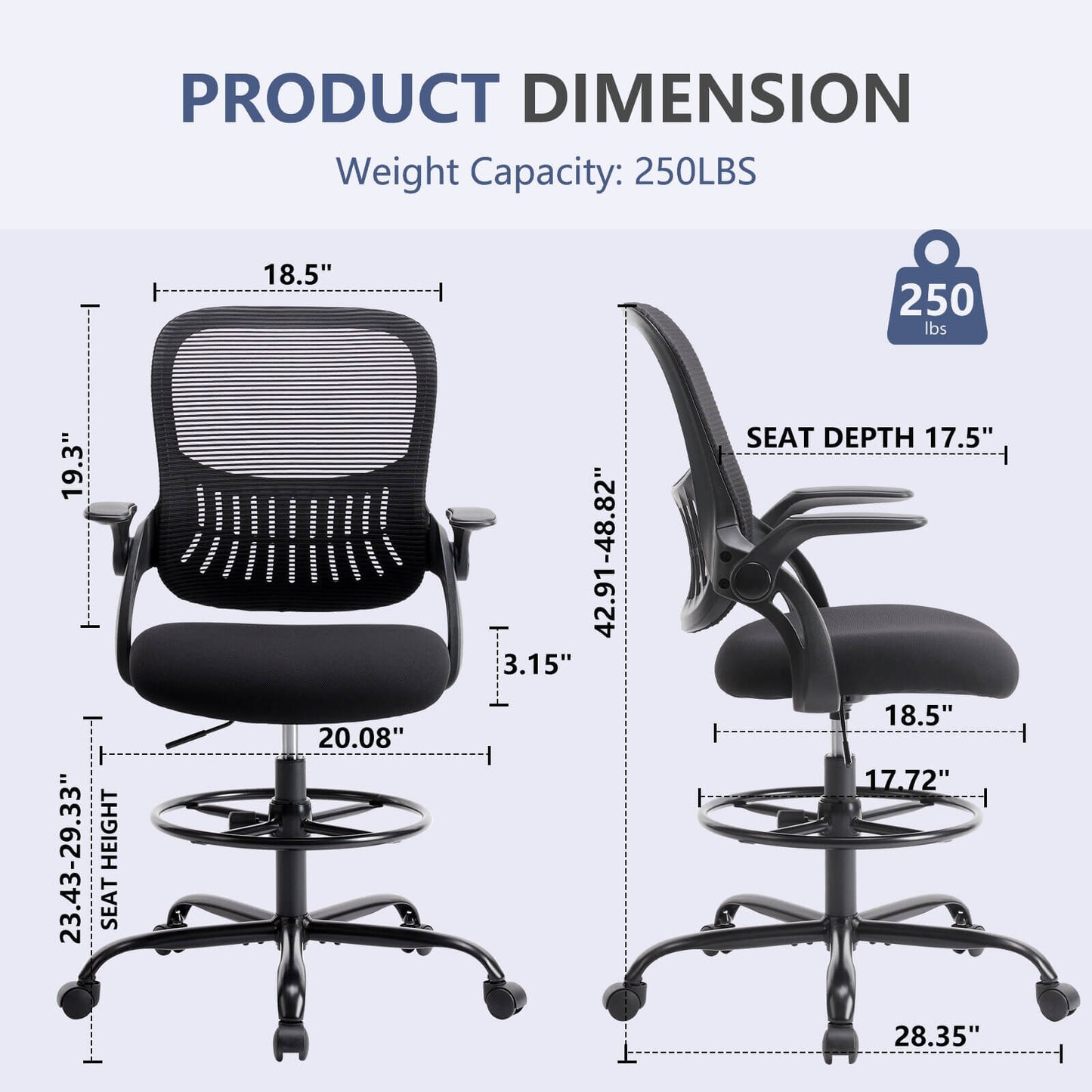 Dimensions of the black mesh back office desk chair sold by WorkZen Interiors