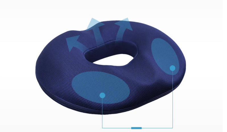A blue memory foam chair cushion sold by WorkZen Interiors