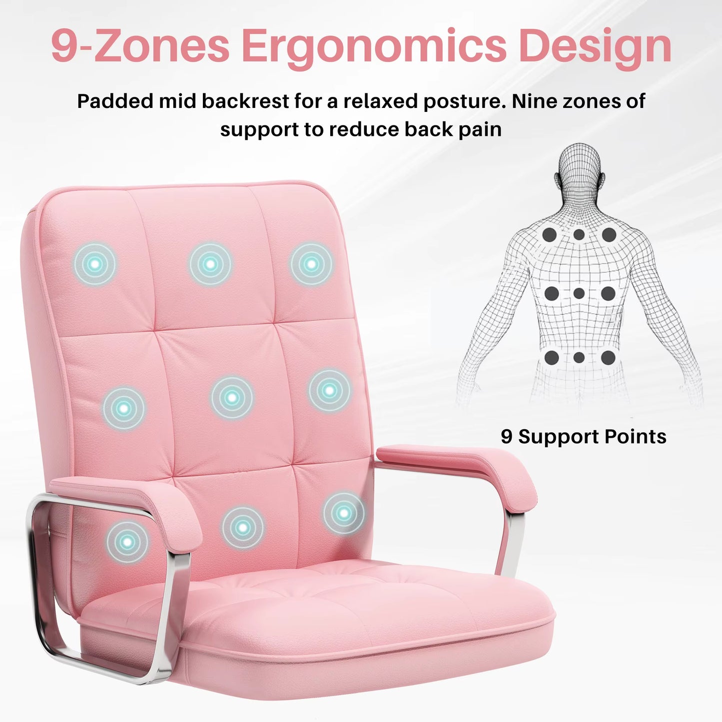 A pink office chair sold by WorkZen Interiors showing 9zones of support to reduce pain and discomfort while sitting.