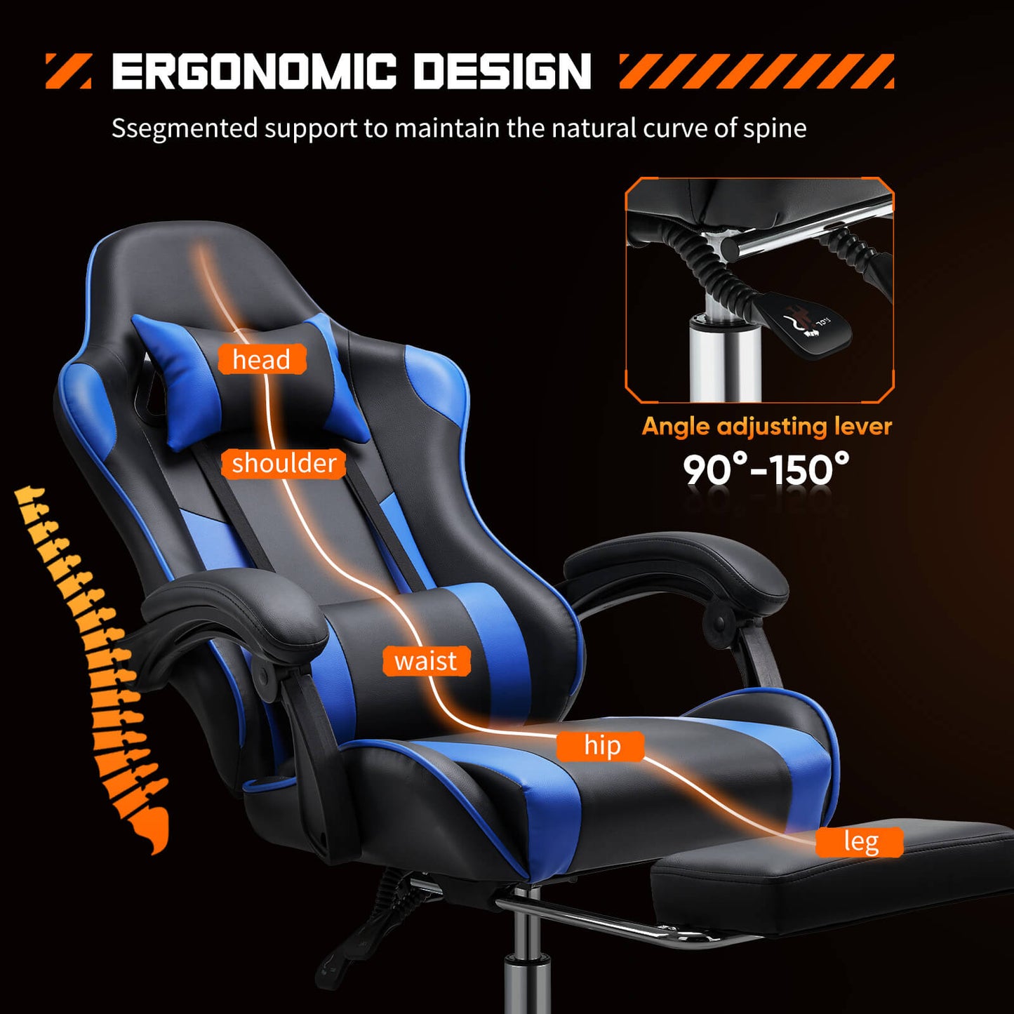 Reclining ability of a blue and black Tall Gaming Chair sold by WorkZen Interiors