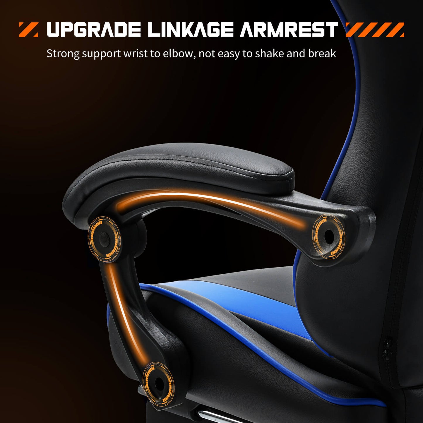 The armrest of a blue and black Tall Gaming Chair sold by WorkZen Interiors