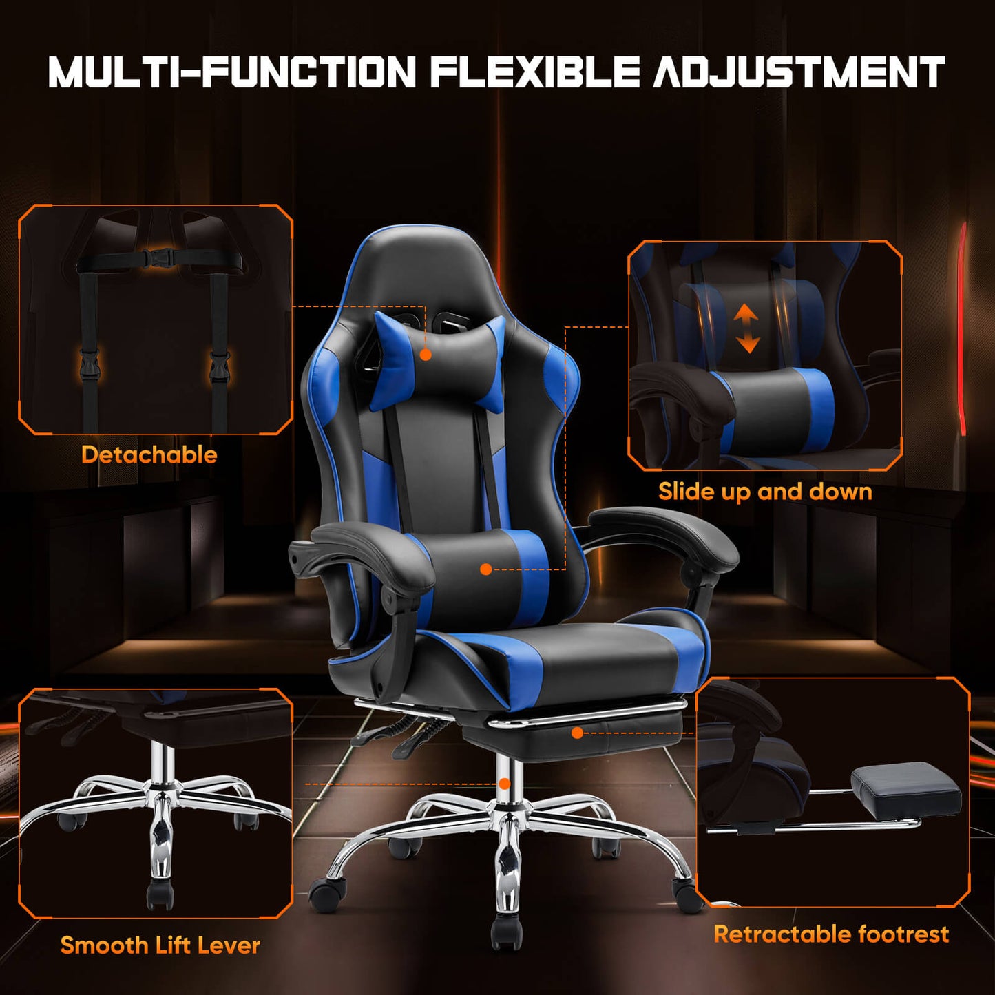 The customizable and adjustable parts of a blue and black Tall Gaming Chair sold by WorkZen Interiors