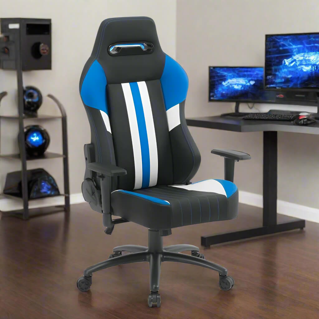 A recliner gamer chair in a gaming station sold on WorkZen Interiors.
