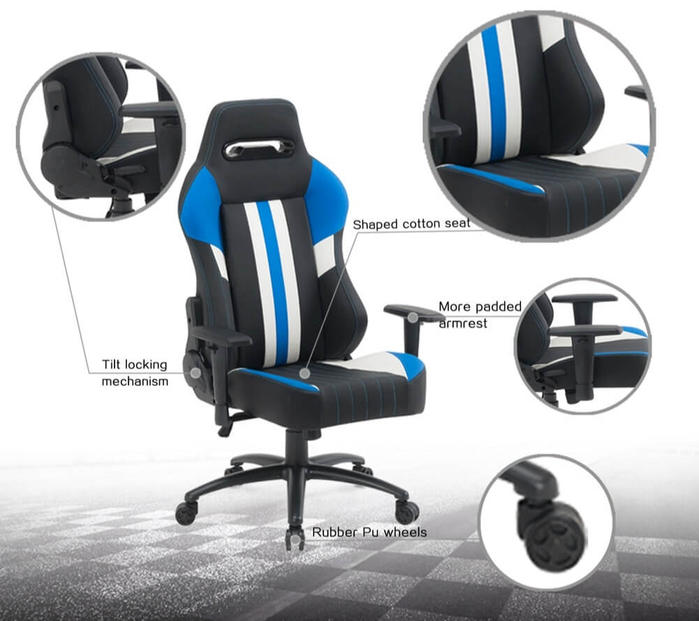 A recliner gamer chair showing all its component parts