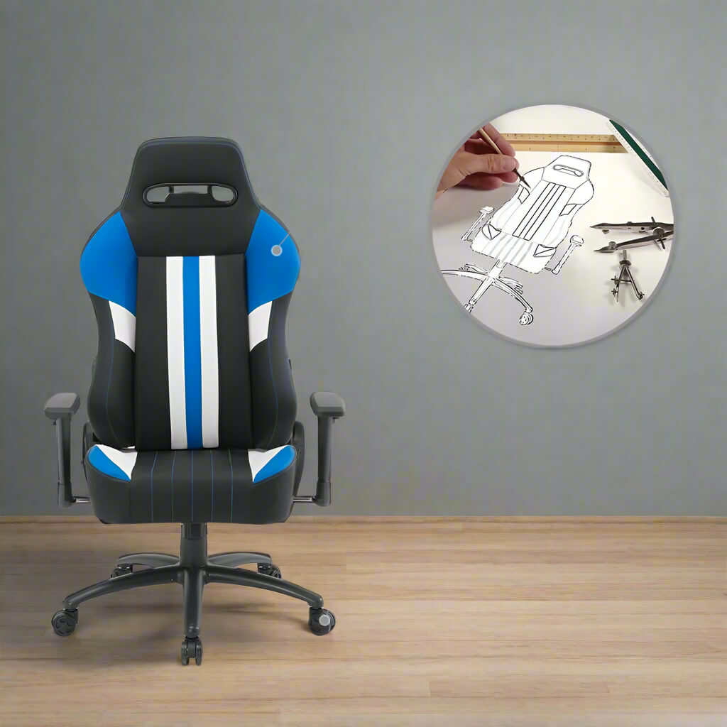 A recliner gamer chair sold on WorkZen Interiors with its stylish wheels