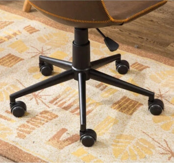 The back of a Swiveling Office Chair showing the adjustable leg of the chair and the roller caster.