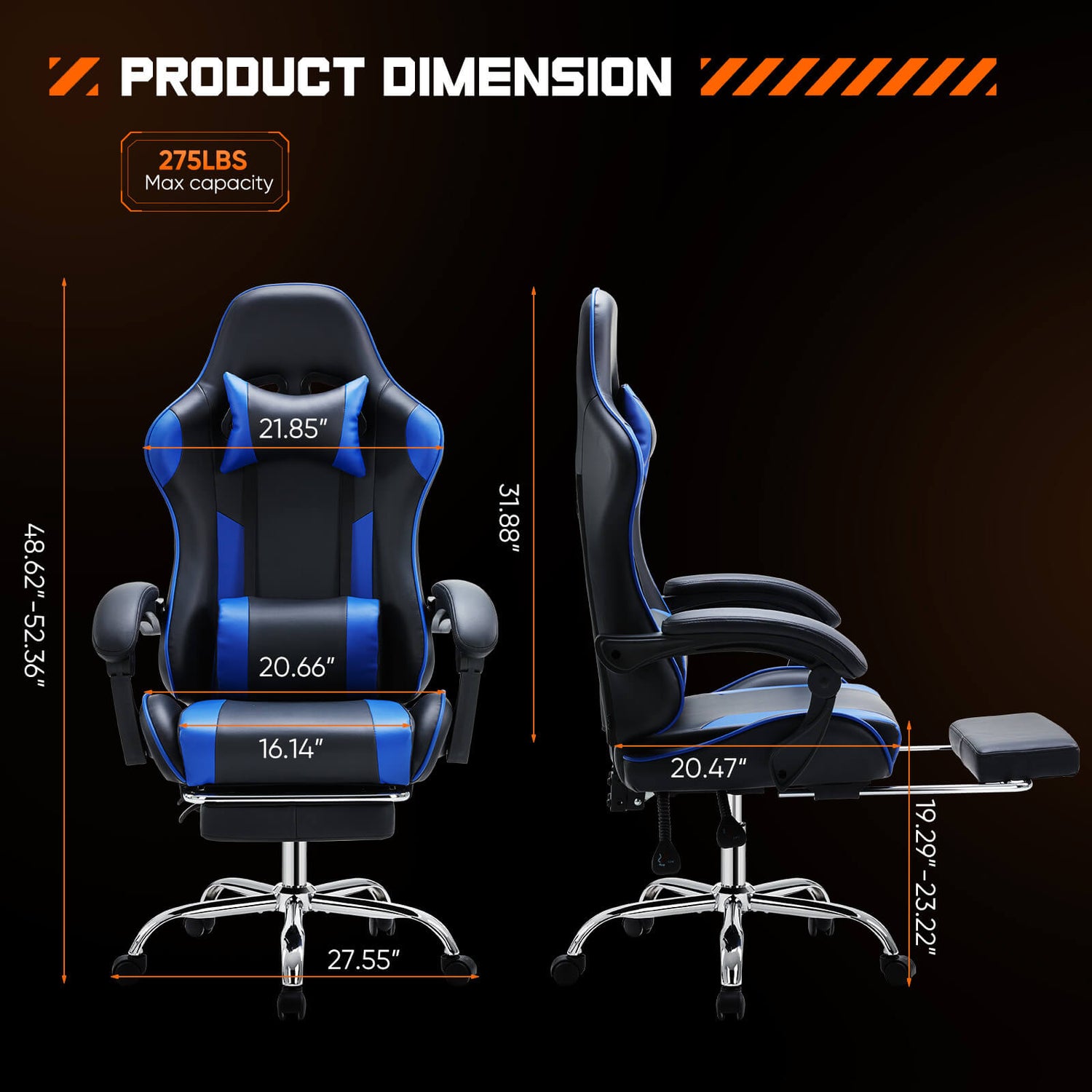 Dimensions of a black and blue Tall Gaming Chair sold by WorkZen Interiors