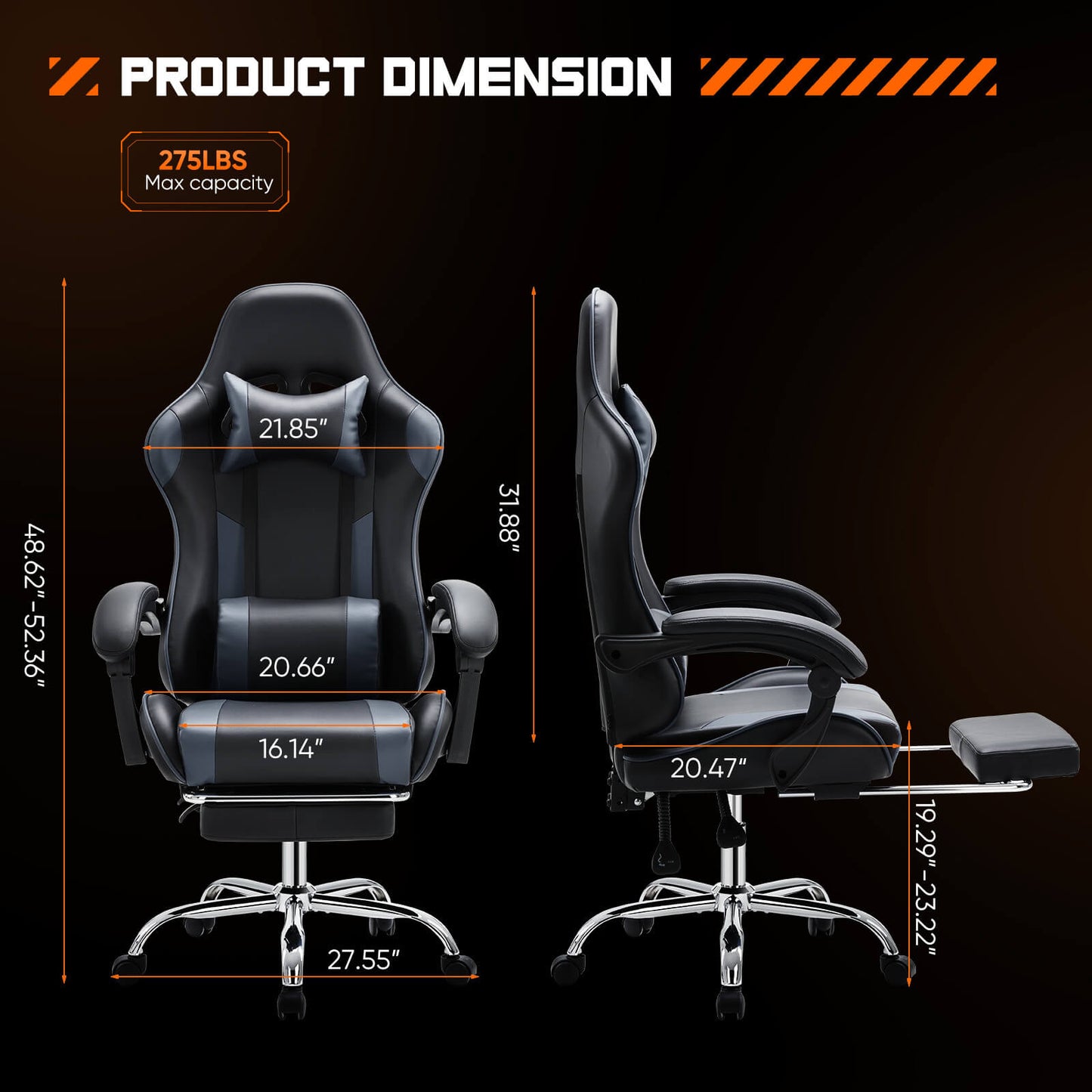 Dimensions of a black and gray Tall Gaming Chair sold by WorkZen Interiors