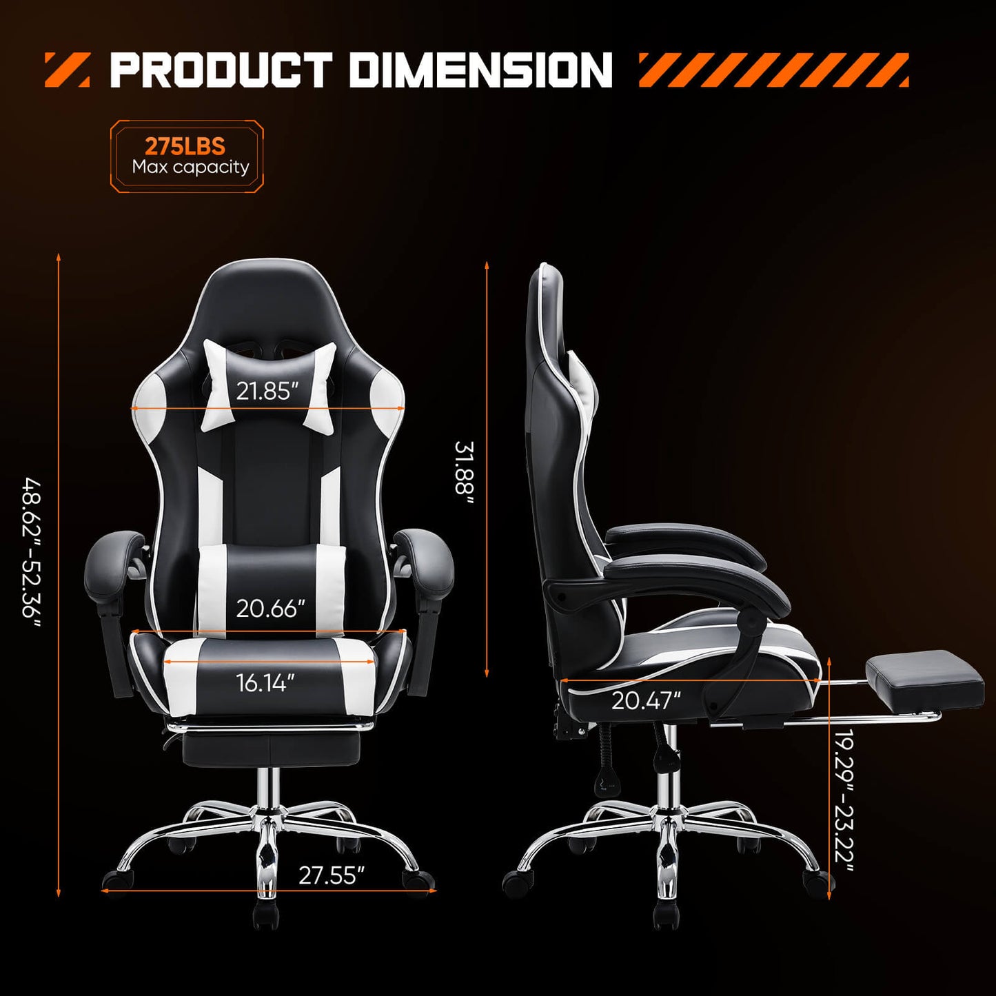 Dimensions of a black and white Tall Gaming Chair sold by WorkZen Interiors