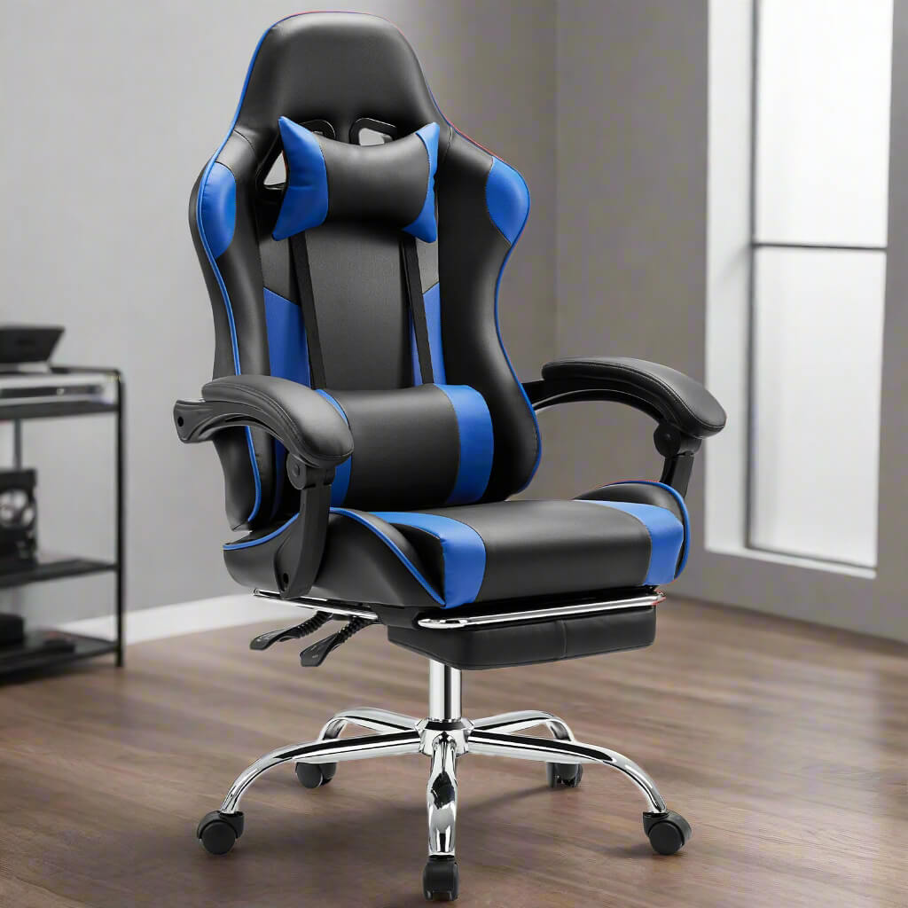 A blue and black Tall Gaming Chair sold by WorkZen Interiors