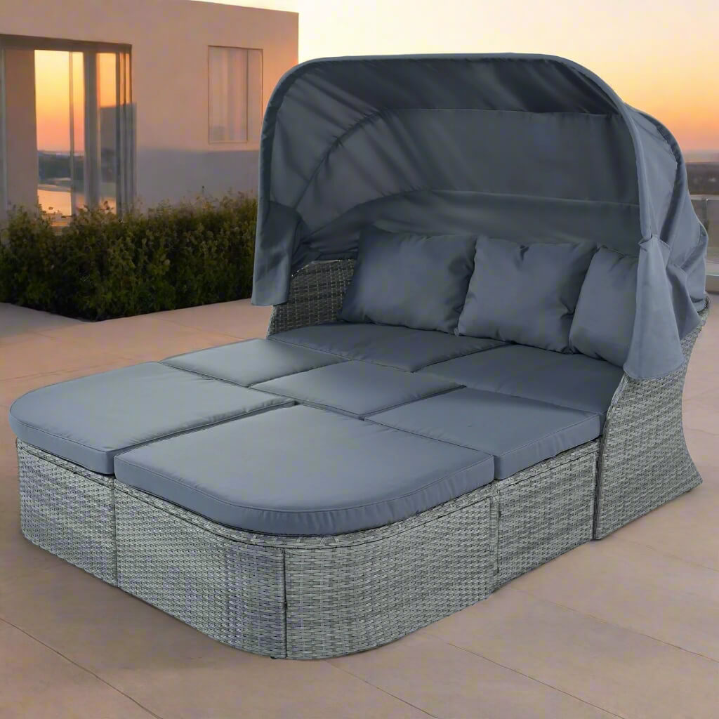 A gray folding patio set sold by WorkZen Interiors