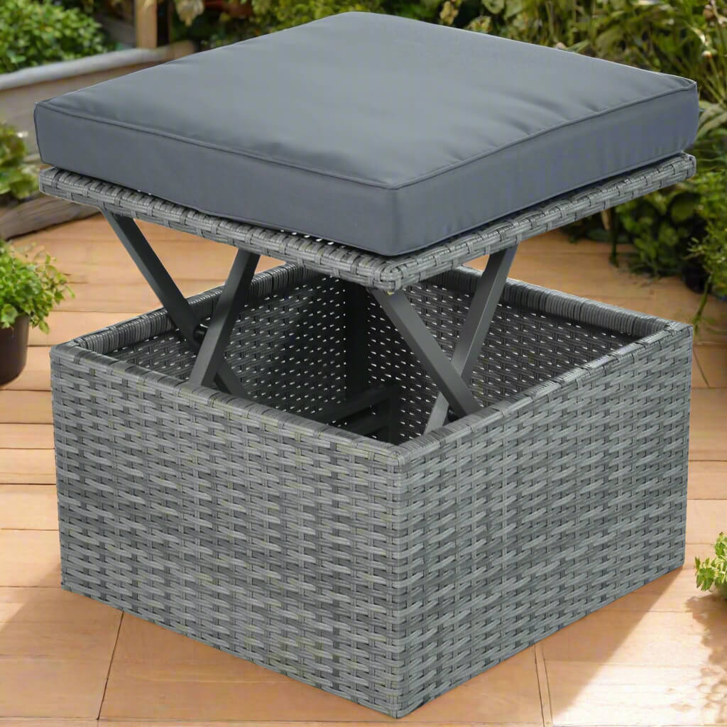 The foldable ottoman of a folding patio set sold by WorkZen Interiors