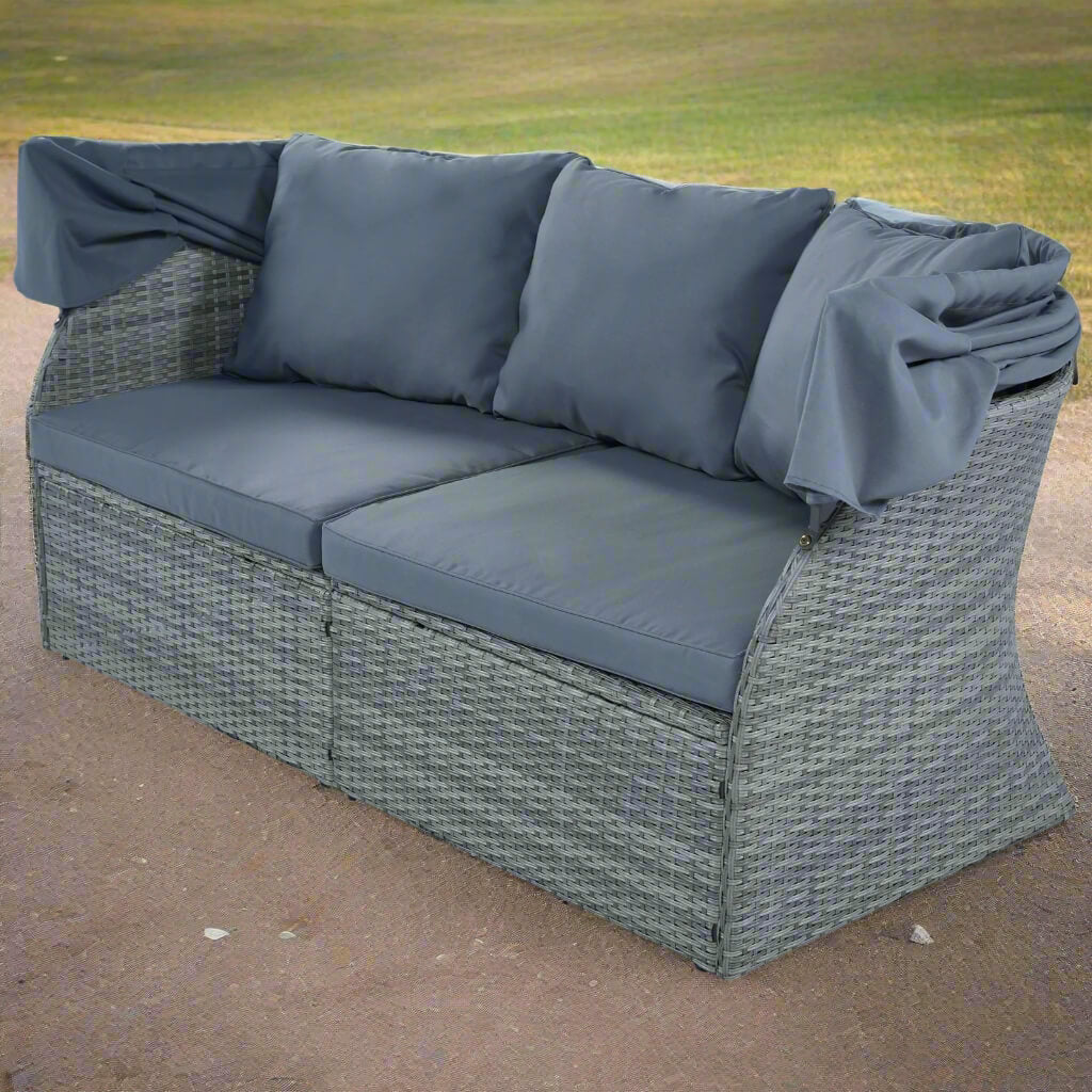 A gray folding patio set sold by WorkZen Interiors
