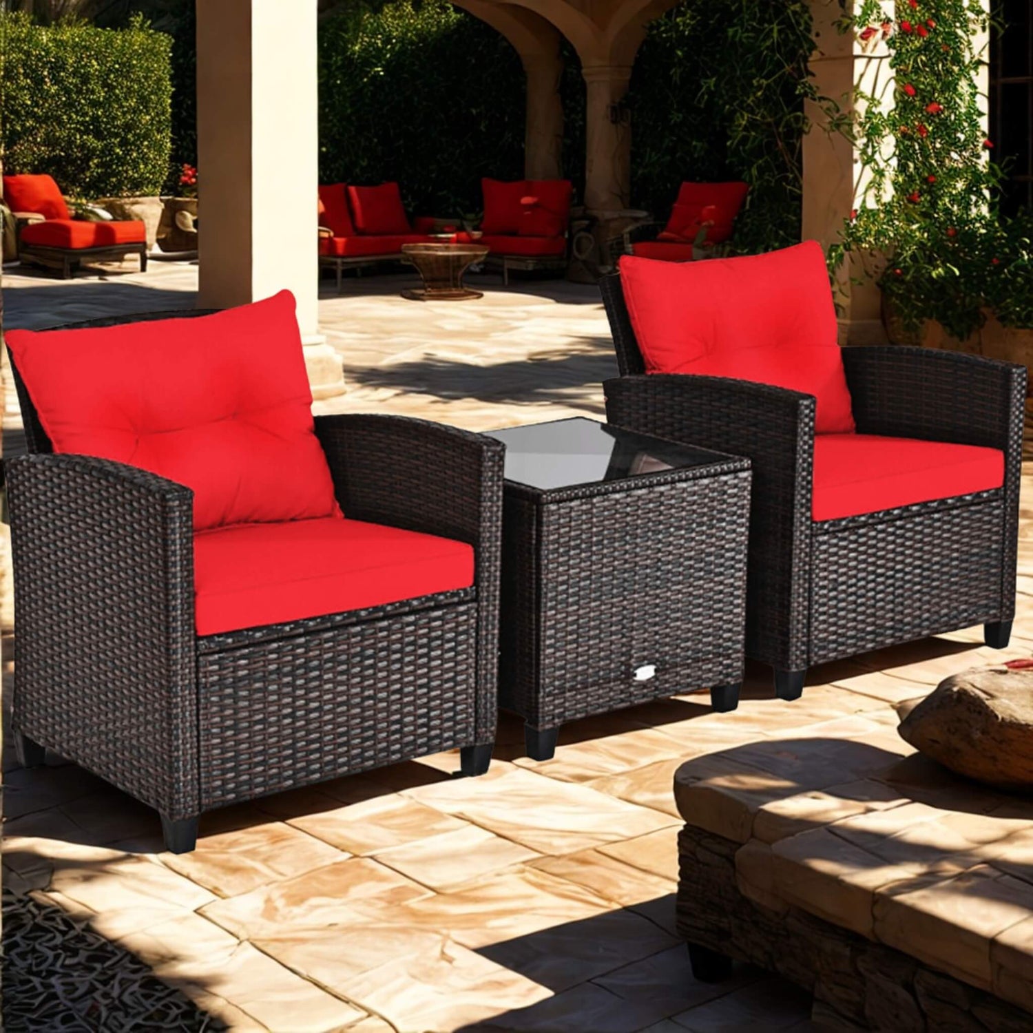 A red 3 Piece Patio Furniture Set sold by WorkZen Interiors