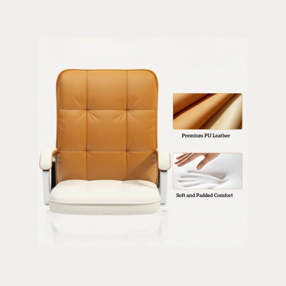 A brown office chair showing its components and feature.