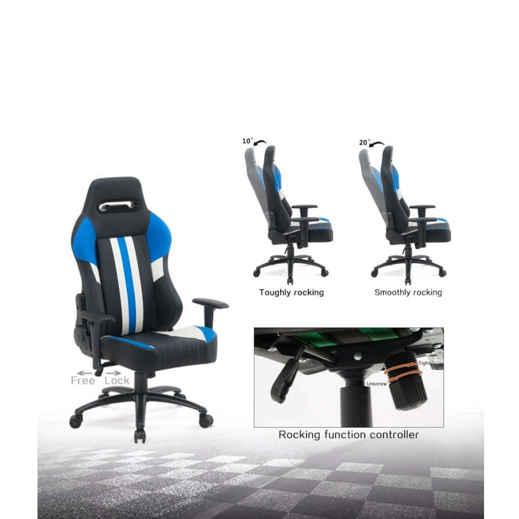 A recliner gamer chair showing all its features and components.