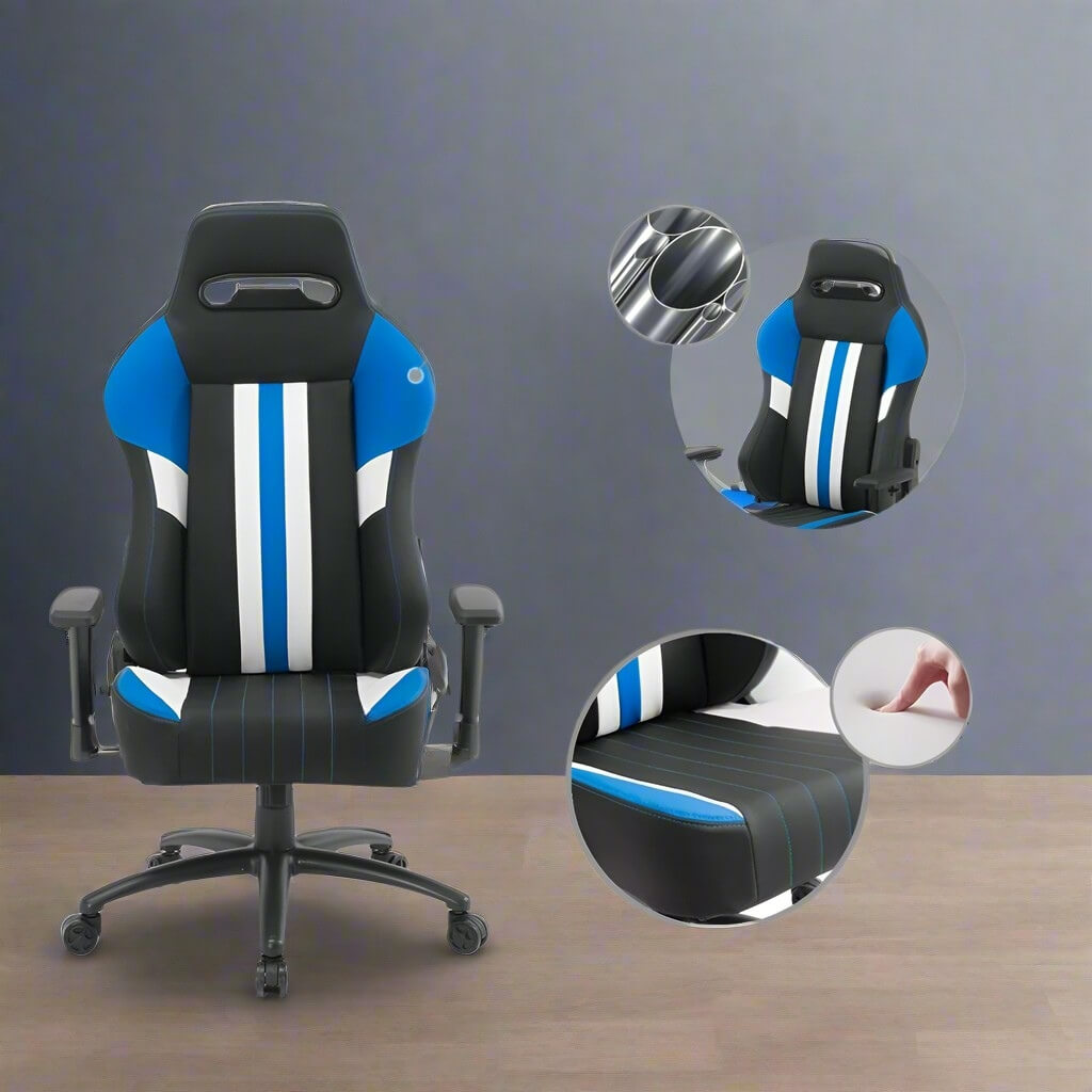 A recliner gamer chair showing all its component parts and seat texture