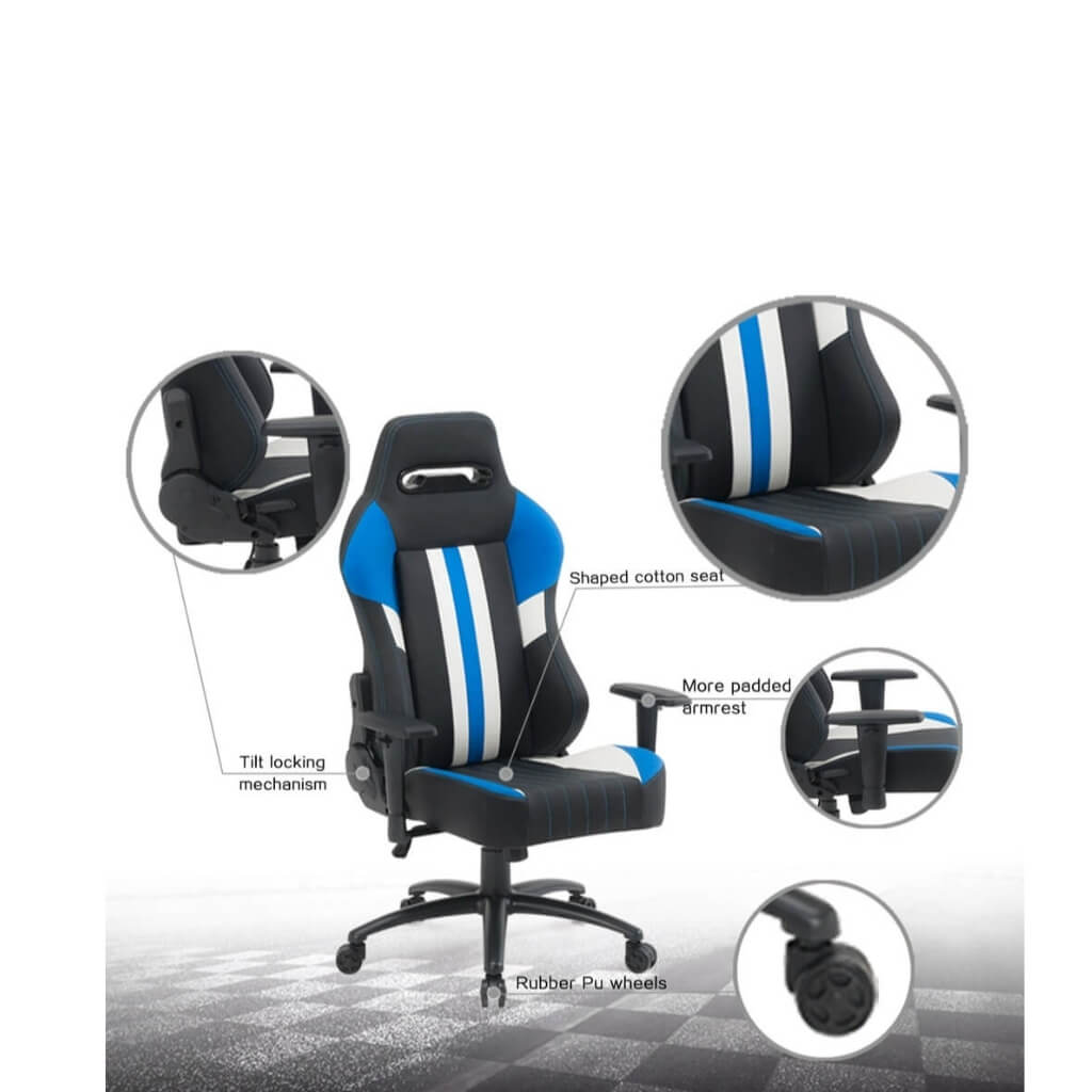 A recliner gamer chair showing all its component parts