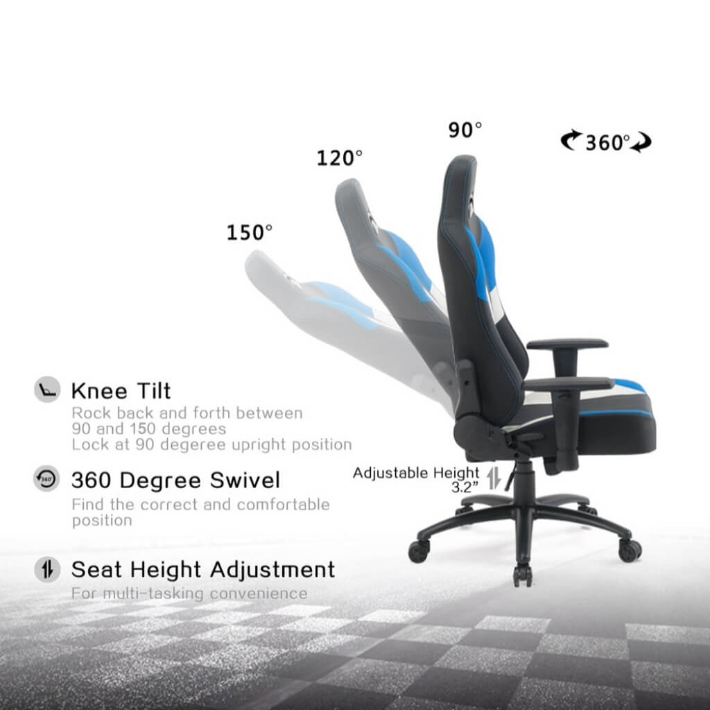 A recliner gamer chair showing its reclining angles and height adjustments