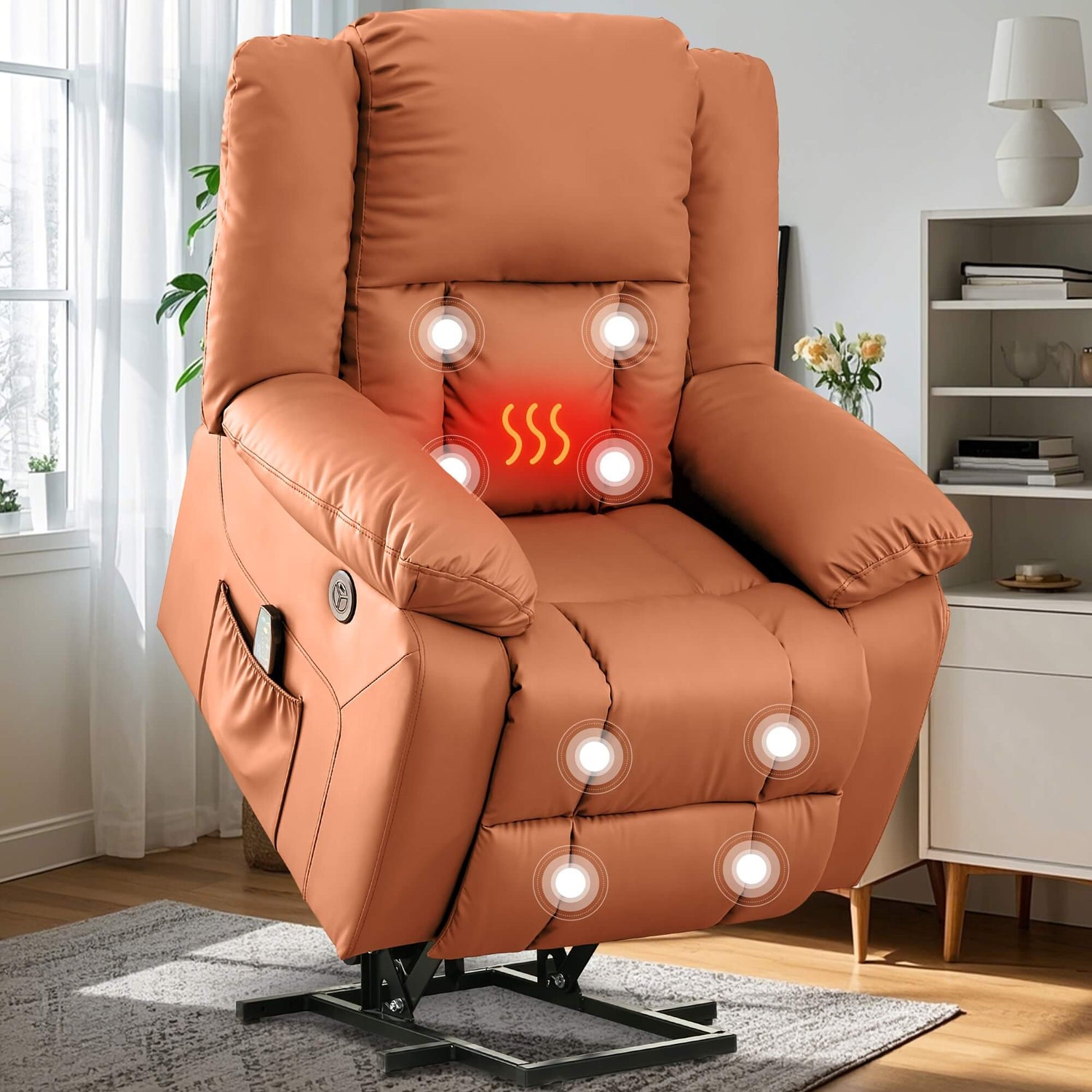 Brown recliner chair with massage points in a living room setting