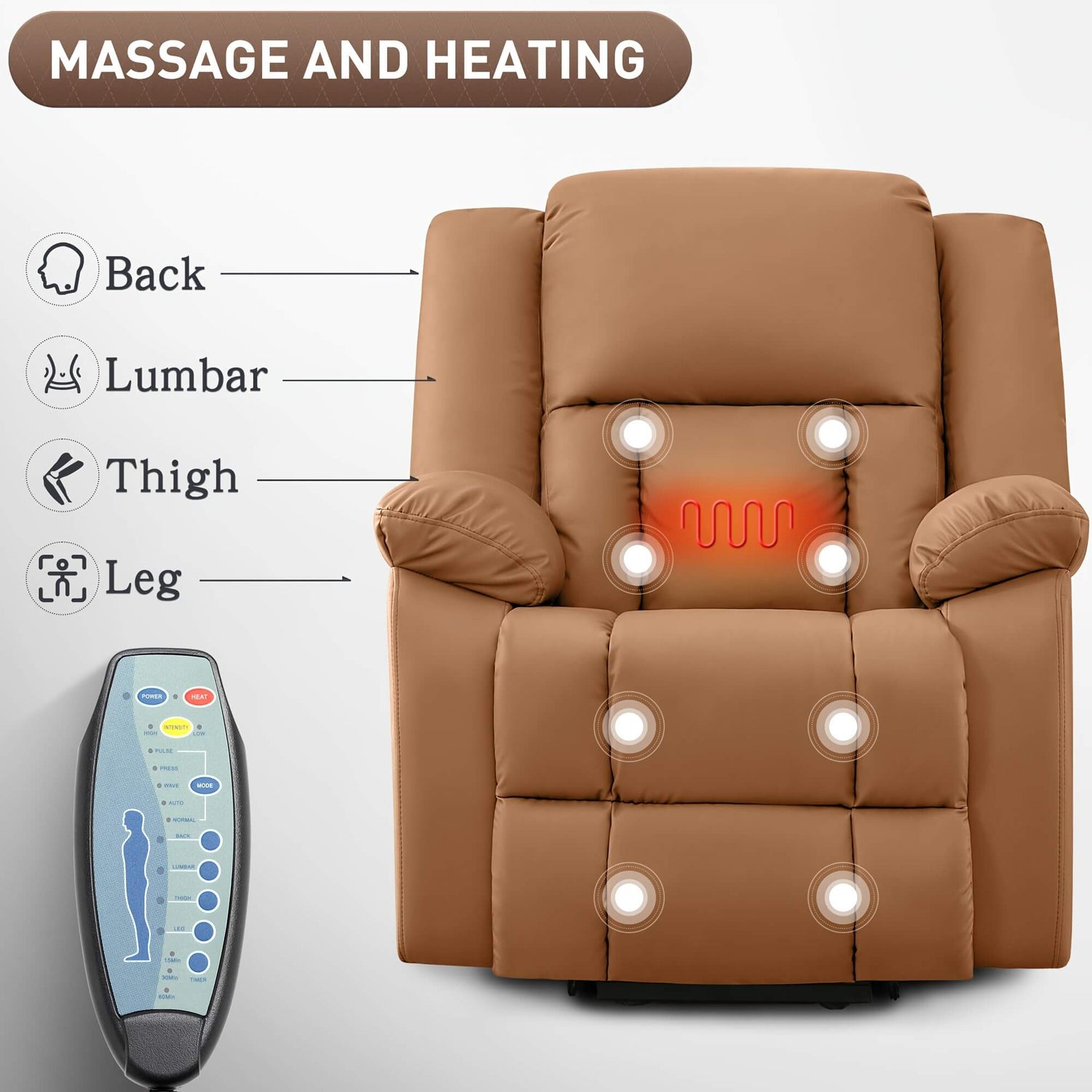 Brown massage chair with labeled massage points and a remote control on a white background