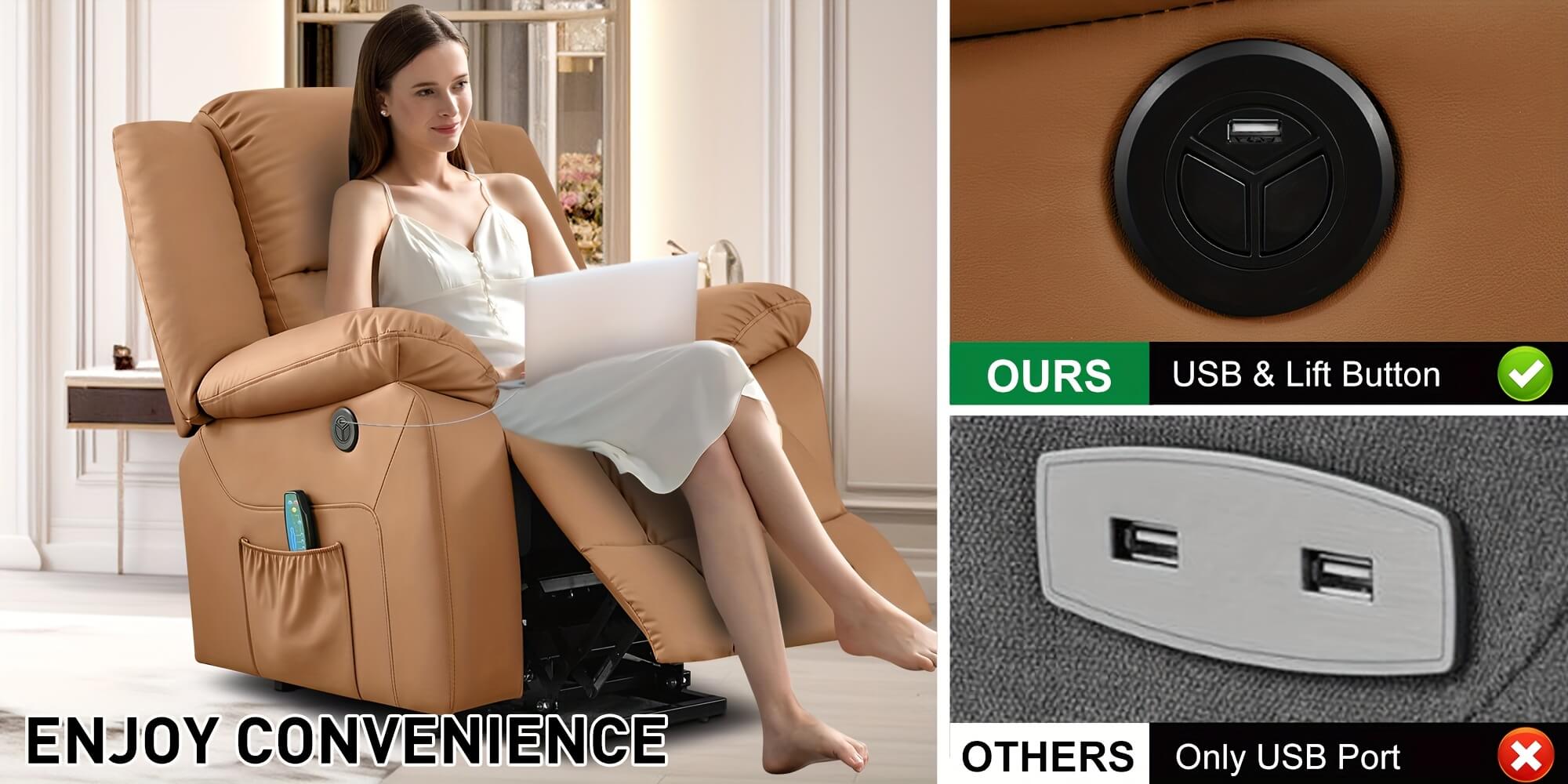 Woman using a recliner chair with USB and lift button features, close-up of buttons shown.