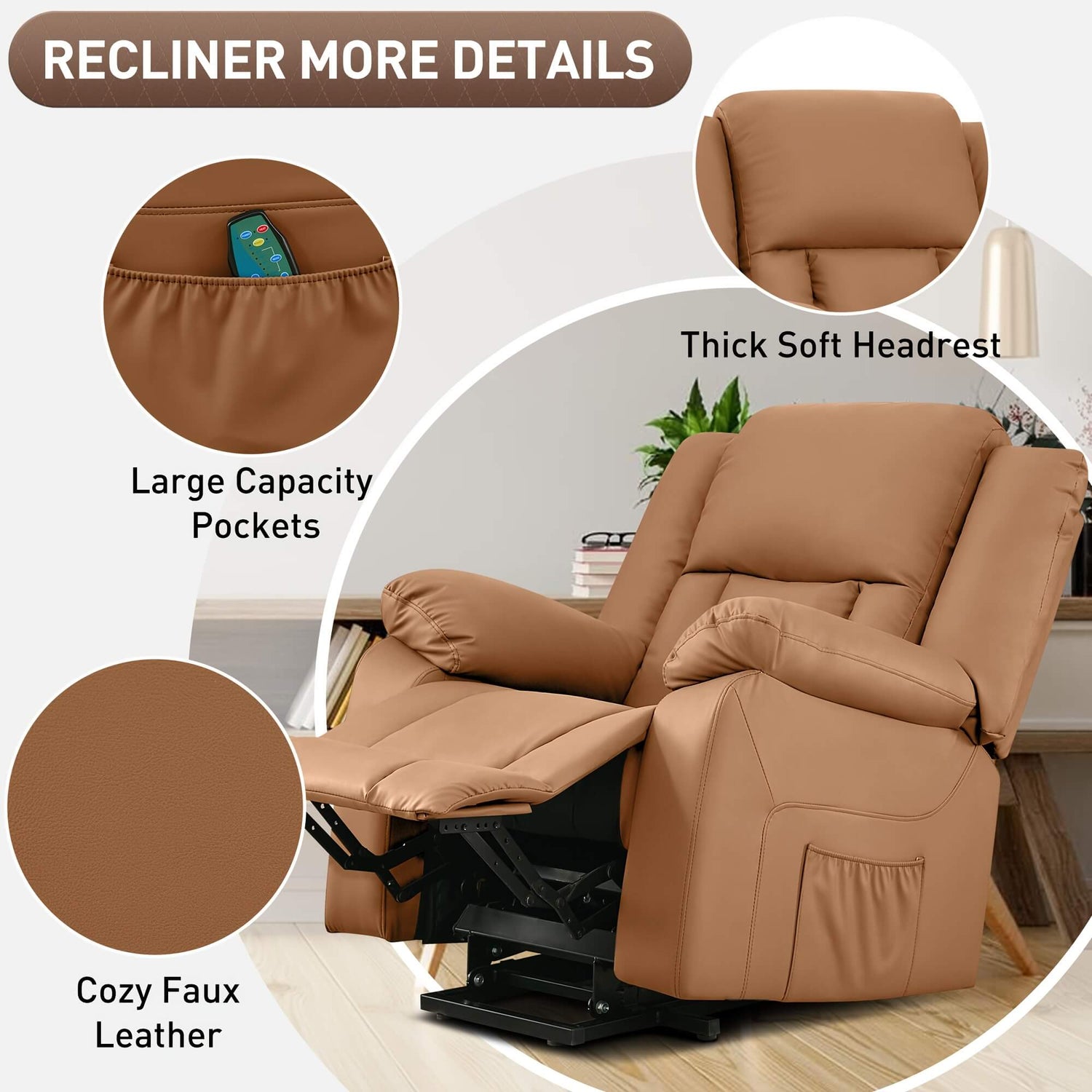 Brown recliner chair with features highlighted on a white background