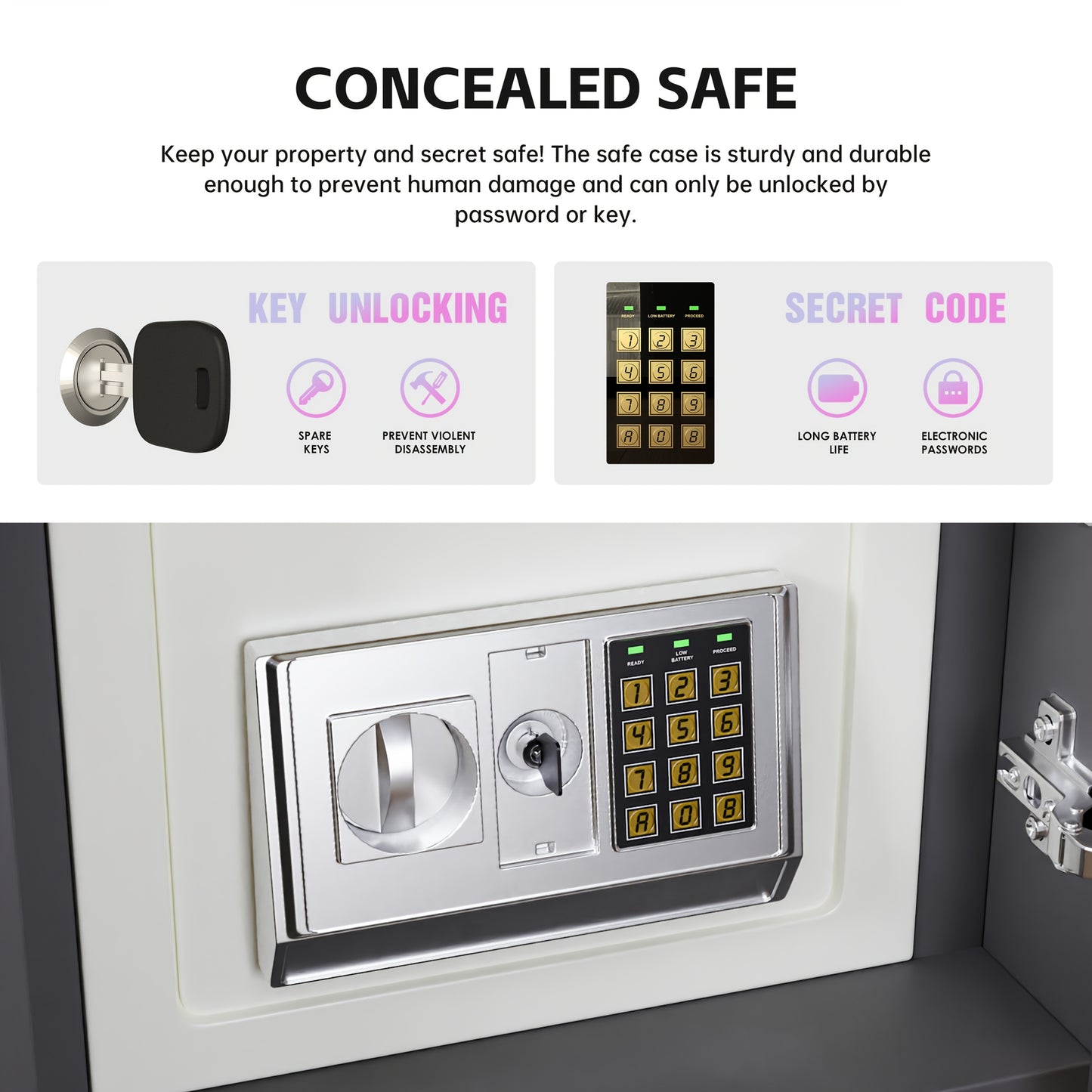 Concealed safe with key unlocking and electronic code features on a white background.