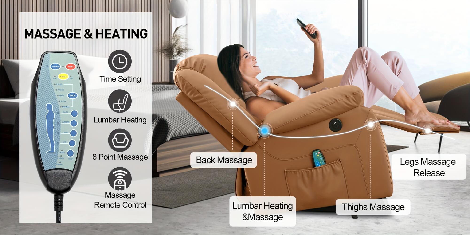 Woman using a massage chair with control panel and features highlighted.