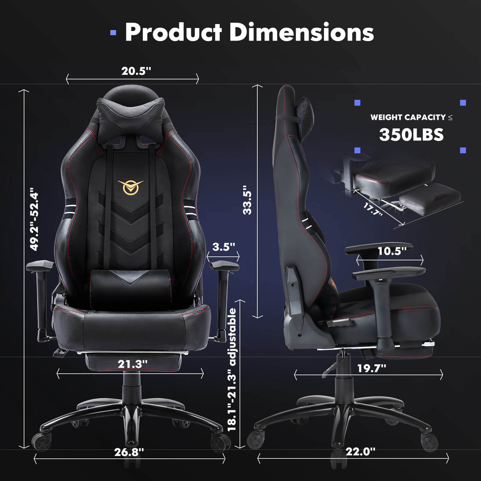 Dimensions of a black Big and Tall Gaming Chair sold by WorkZen Interiors