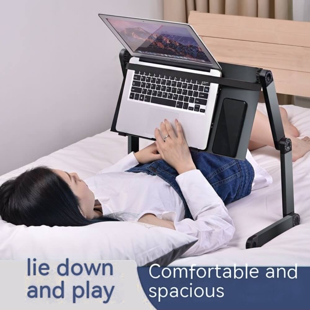 A black adjustable laptop computer stand sold by WorkZen Interiors