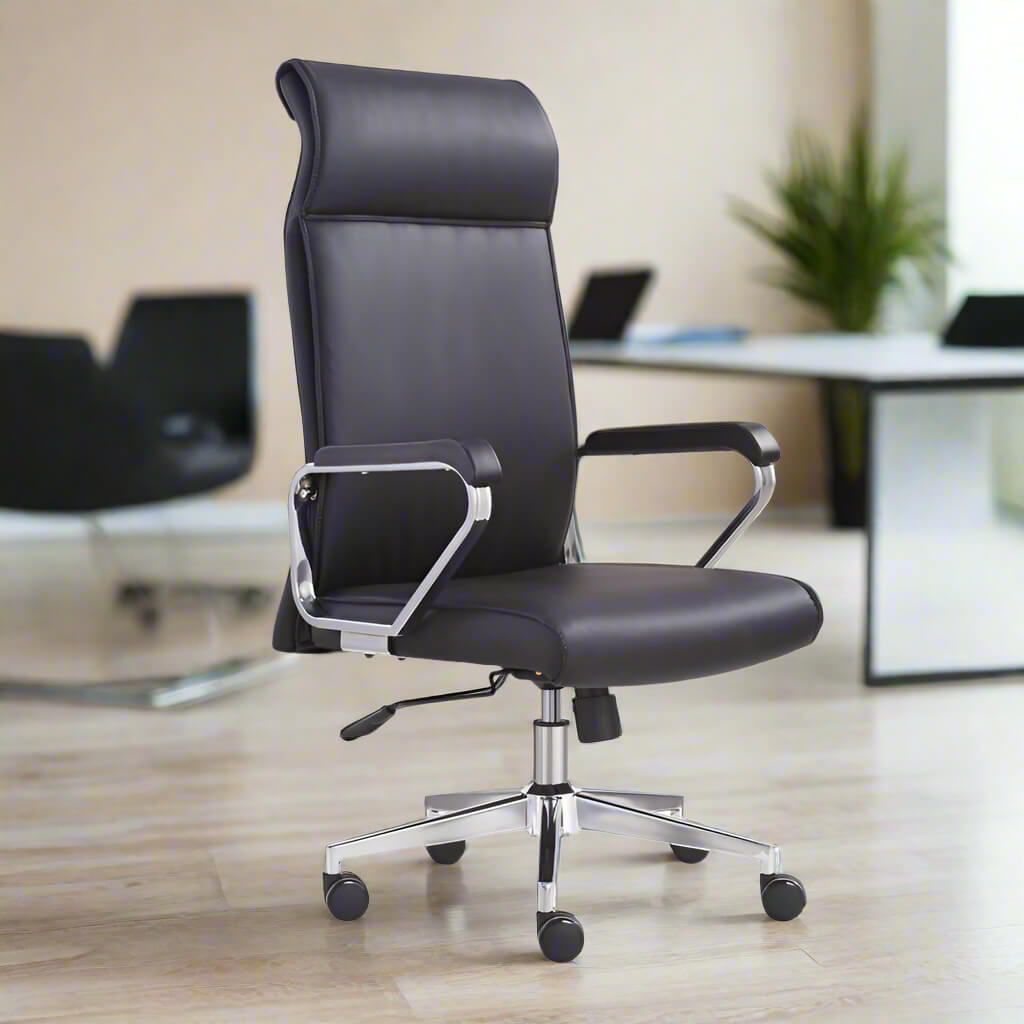 The front view of a black leather office chair sold on WorkZen Interiors