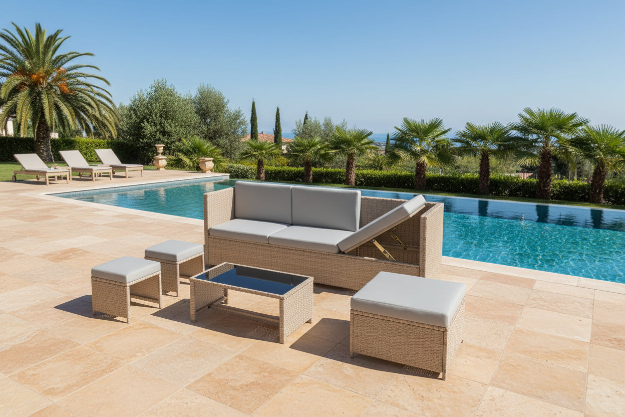 Outdoor furniture set with a sofa, ottomans, and coffee table on a white background