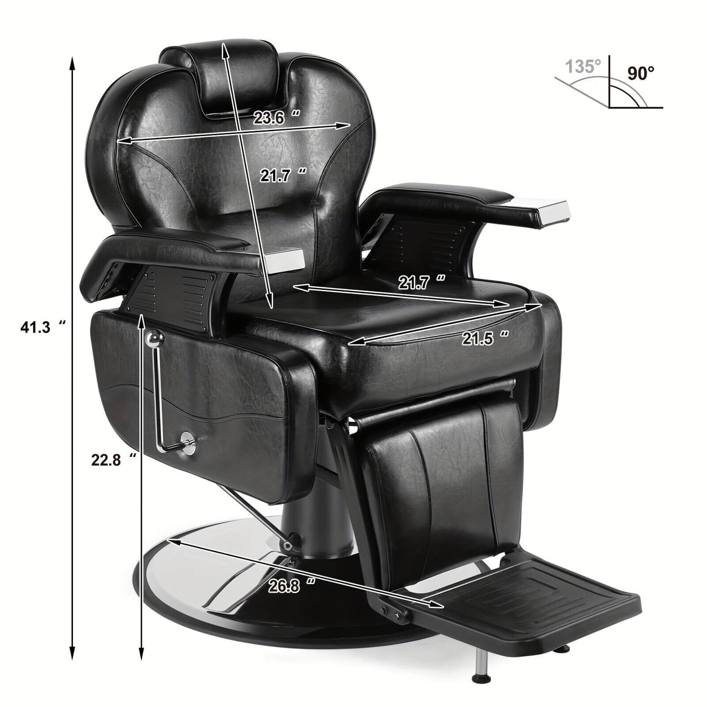 Black professional barber chair with measurements on a white background