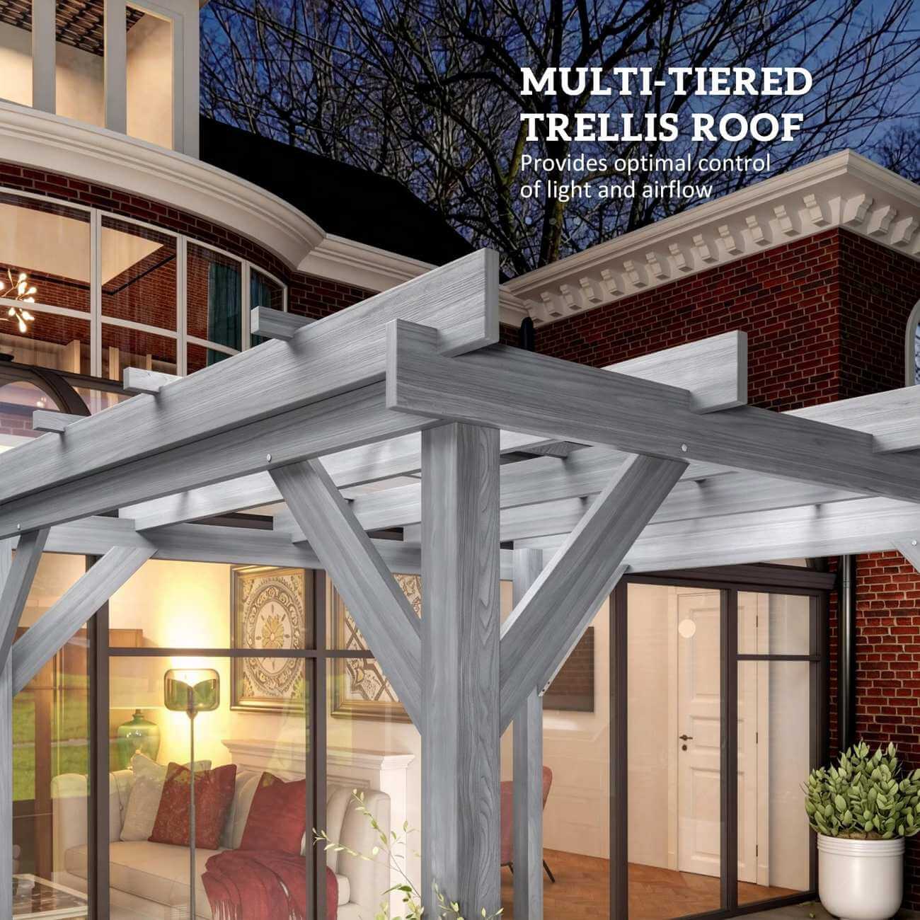 Pergola with multi-tiered trellis roof in front of a house, highlighting architectural features.