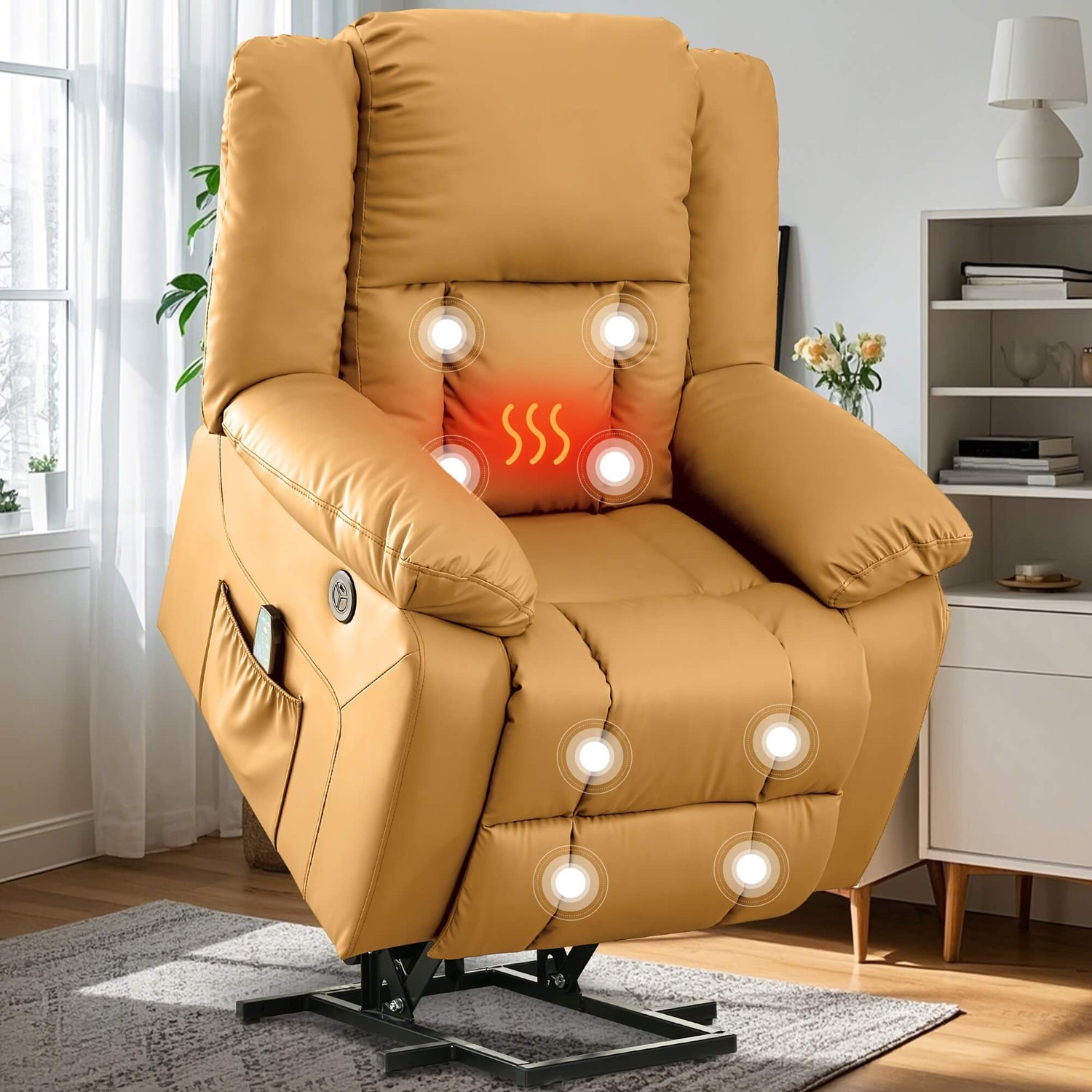 Beige recliner chair with heating indicator in a home setting